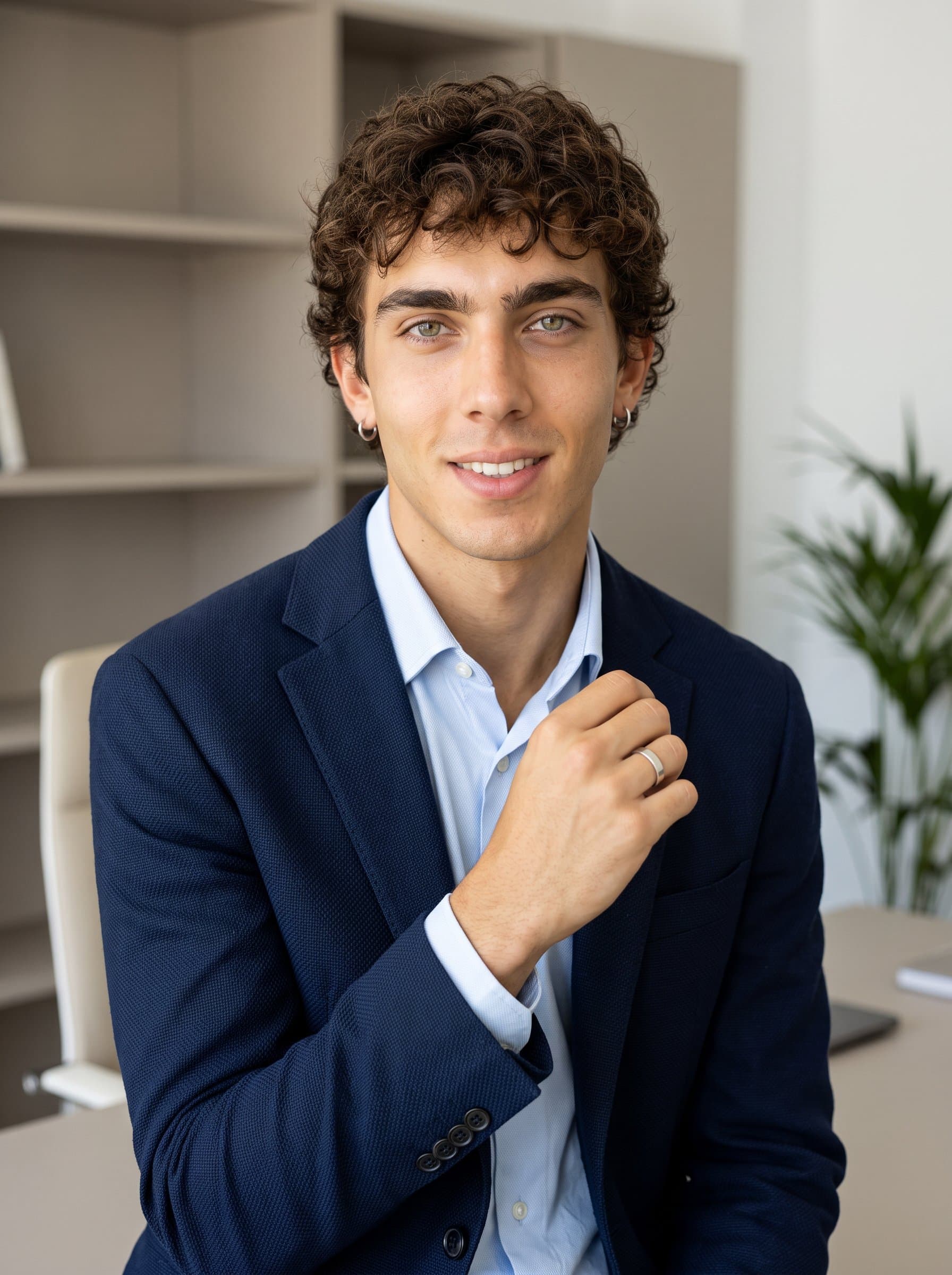 poised headshot featuring a man wearing minimalist jewelry and a structured blazer. The neutral-toned office background complements the lighting scheme, crafting a versatile image for professional digital identities.