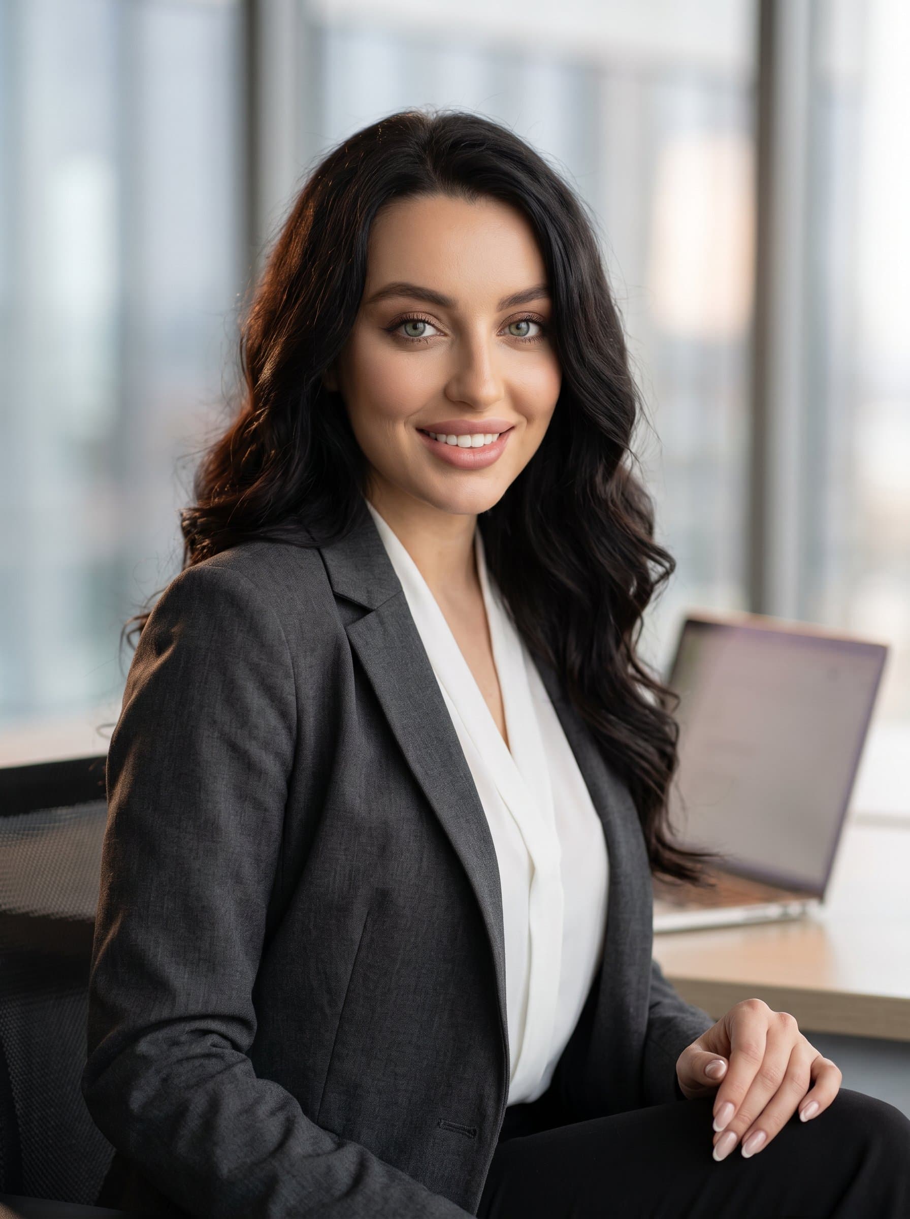 refined portrait of a woman dressed in formal business attire, seated with a laptop visible in the background. The light is focused on the face, ensuring the headshot is suited for executive branding.