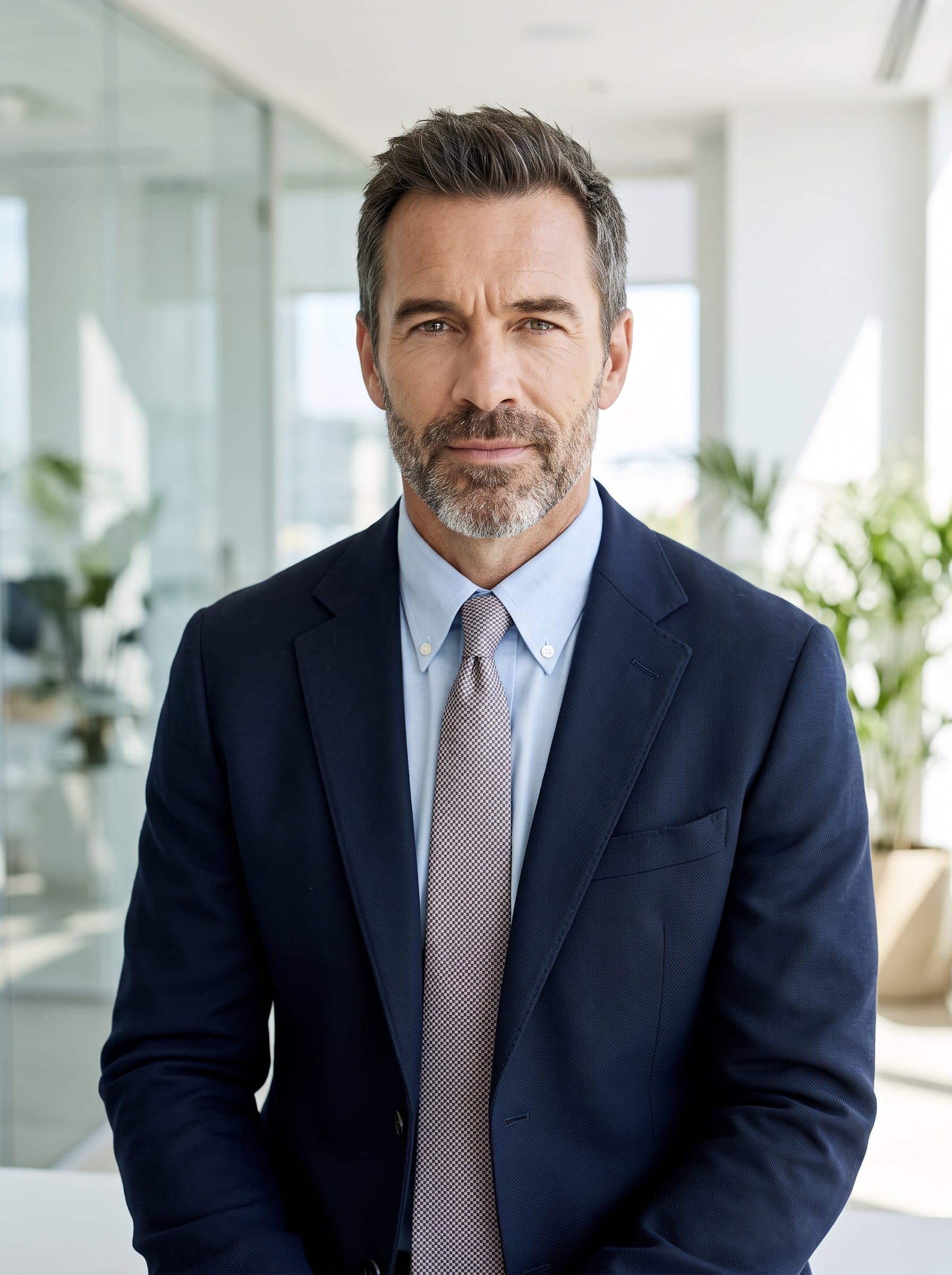 headshot focused on a man with a neutral expression, wearing business attire. The setting is a brightly lit workspace, with contemporary design elements, enhancing the photo’s suitability for digital professional platforms.