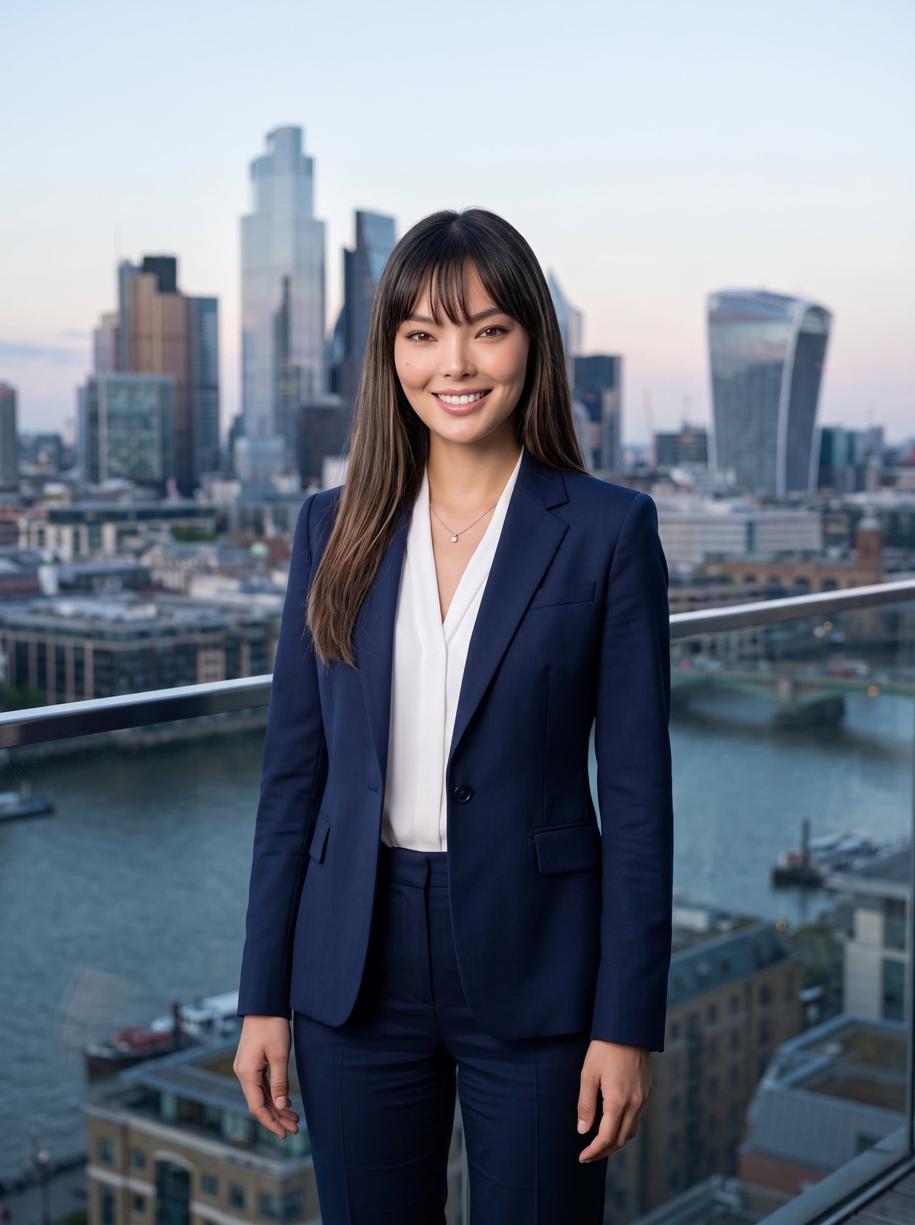 in a sleek corporate suit, standing against a modern cityscape backdrop, capturing a confident and approachable demeanor. Perfect for a finance or consulting professional's business card. High-resolution, photorealistic detail.