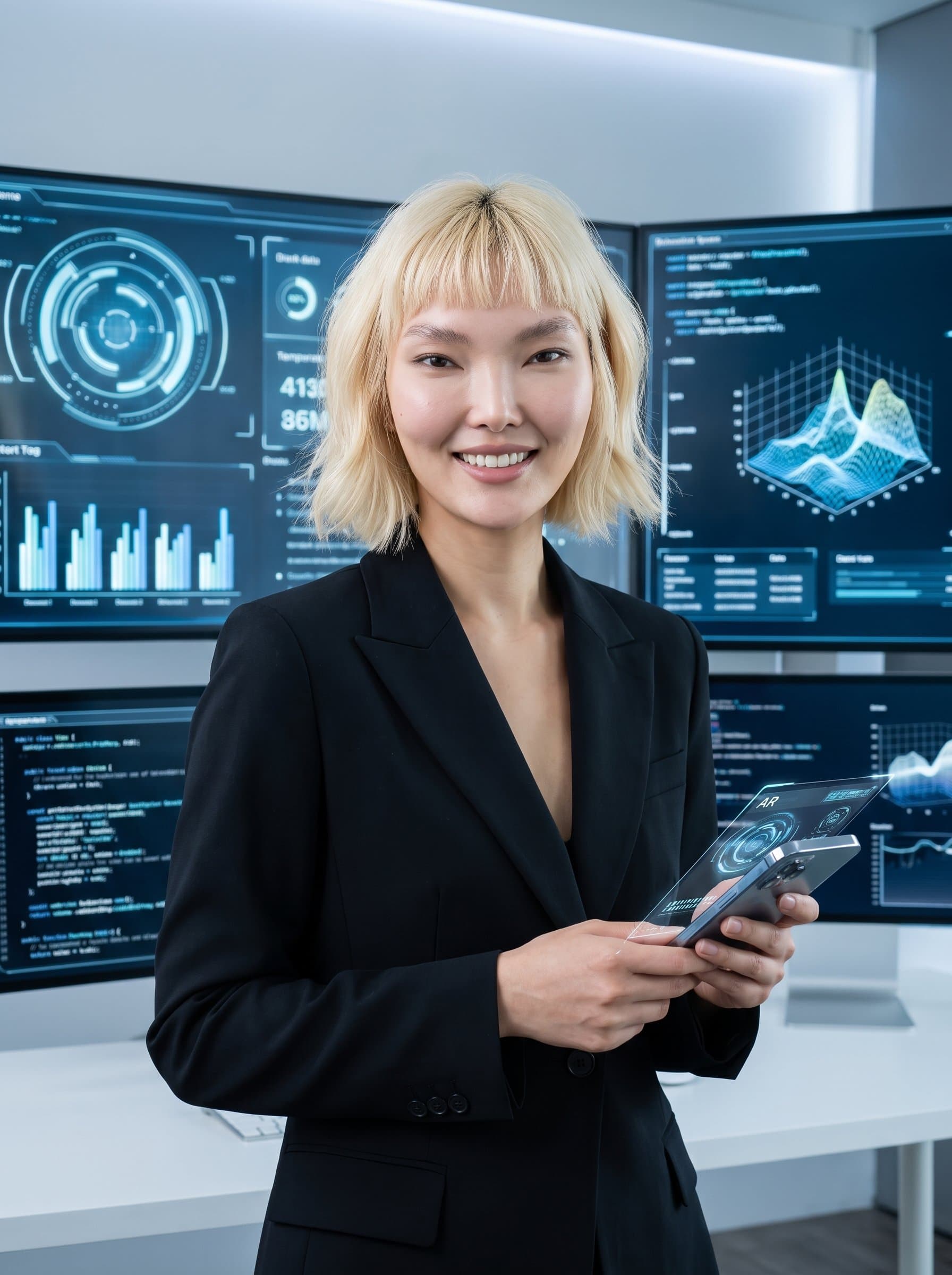 in a high-tech office, with a futuristic digital interface in the background, embodies cutting-edge technology leadership. Excellent for an IT or tech entrepreneur's business card. Crisp, clear imagery.