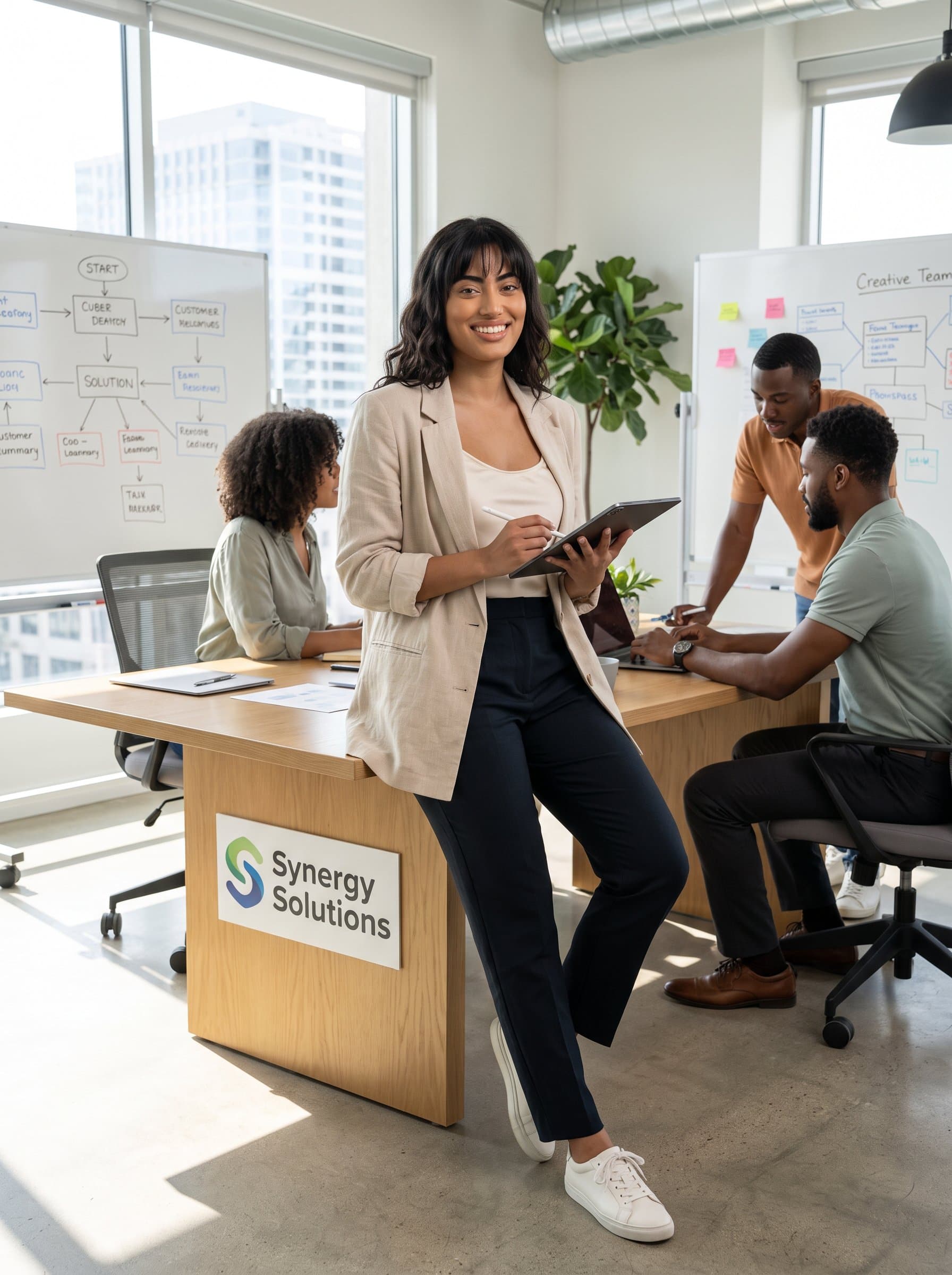depicting an innovative entrepreneur in a modern studio space, wearing relaxed business attire, showcasing a blend of creativity and professionalism. Suitable for startups or creative agencies.