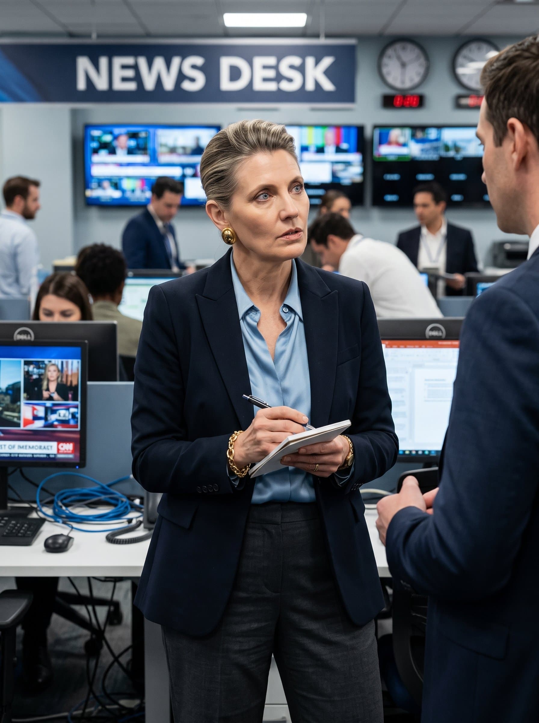 in a bustling newsroom environment, dressed in smart business casual, showcasing a keen and inquisitive demeanor. Suited for a journalist or media professional. Rich, lifelike detail.