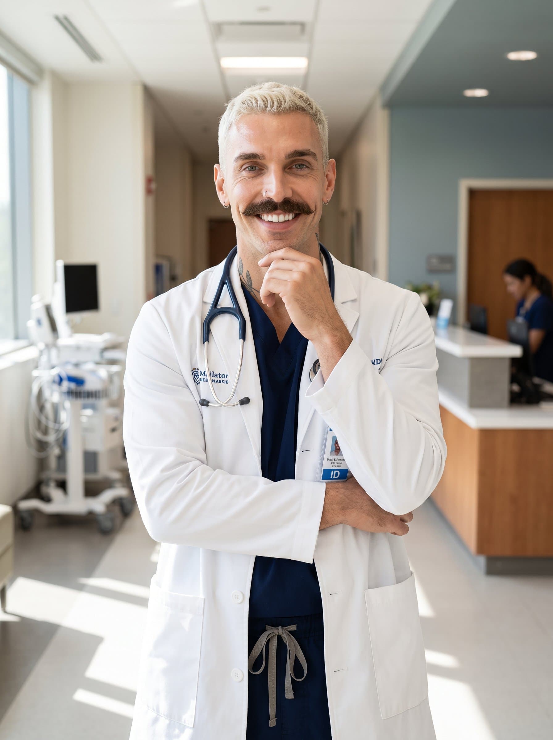 with a warm smile, dressed in healthcare attire, set in a well-lit medical facility. Perfect for a healthcare provider or medical consultant. Emphasize professionalism and empathy.