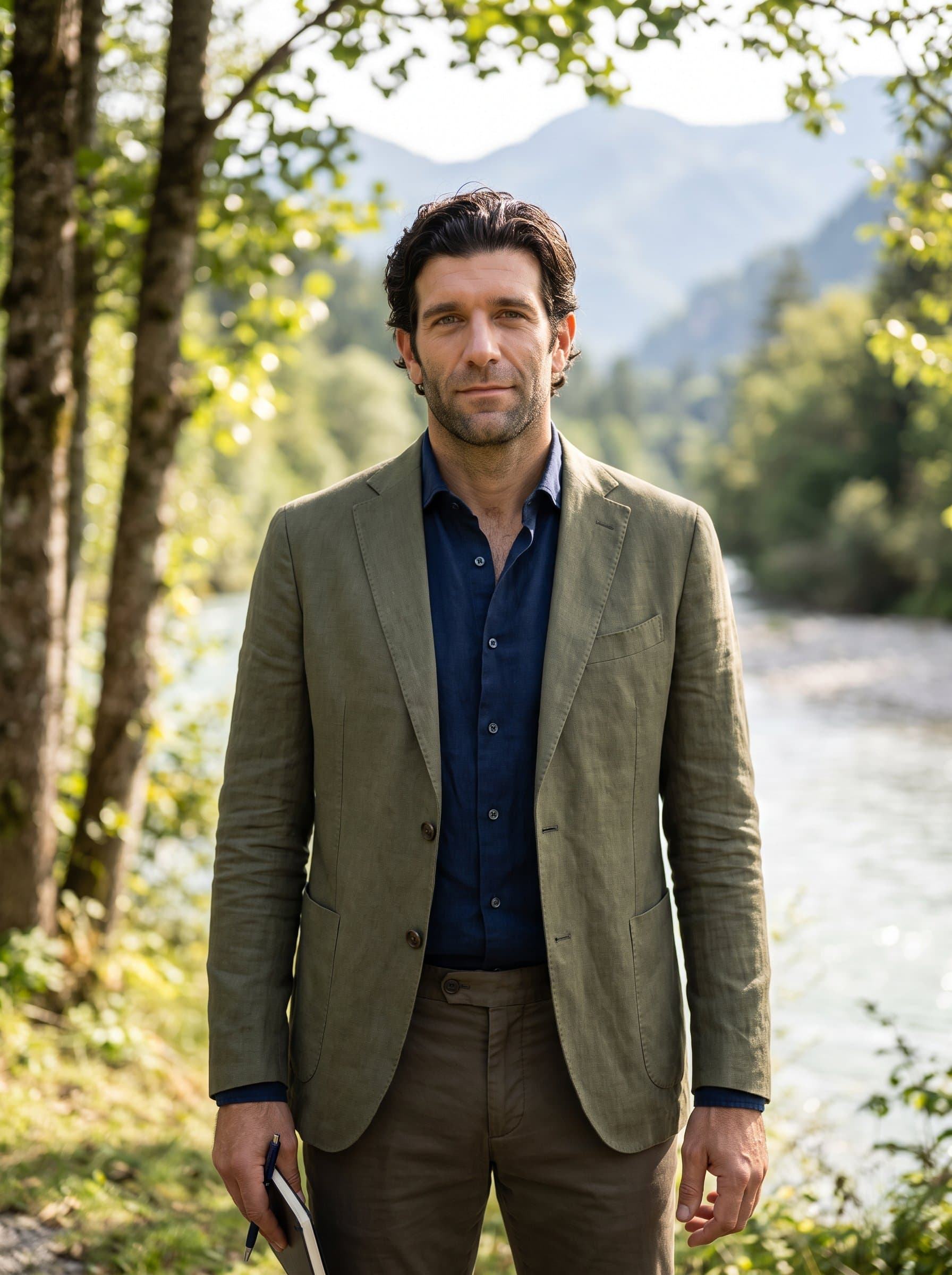 in a serene outdoor nature setting, dressed in a smart-casual outfit. Ideal for an environmental consultant or NGO leader. Emphasizes connection with nature and calm authority.