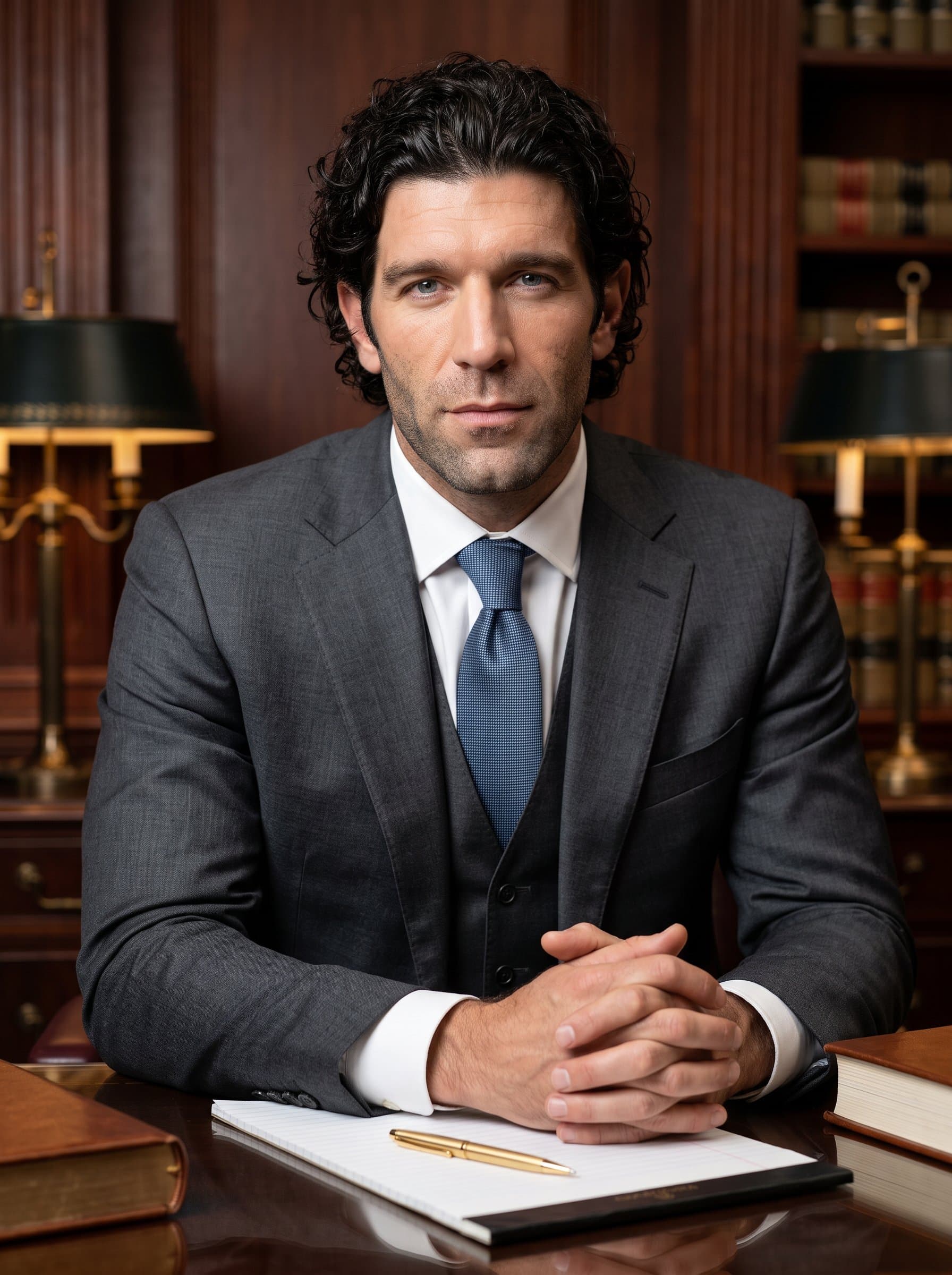in a classic law firm office, wearing a formal suit with subtle elegance, exuding authority and trust. Tailored for a legal professional's business card. Sharp, high-definition focus.