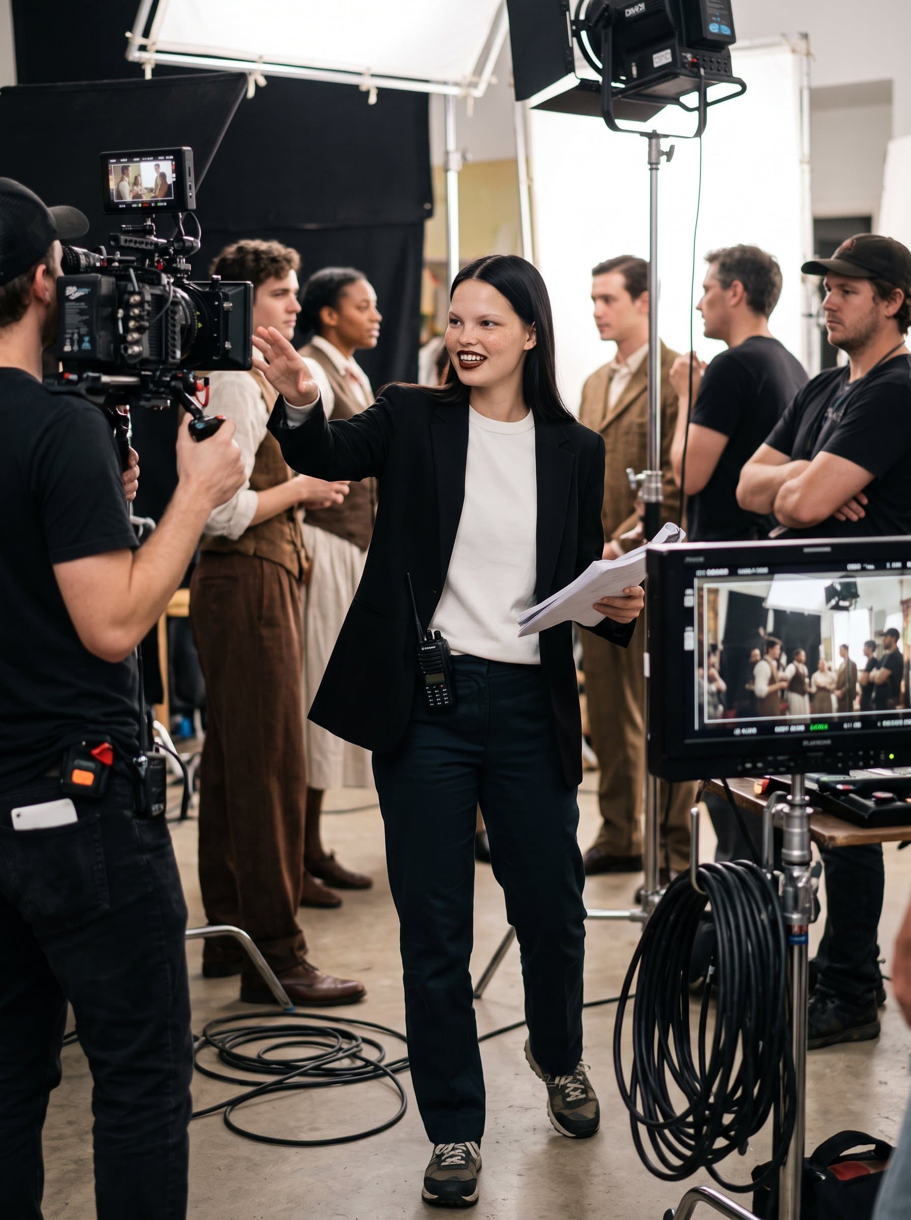on a bustling film set, wearing casual professional clothing, capturing the essence of creative direction and leadership. Perfect for a film director or producer. High-quality, dynamic imagery.