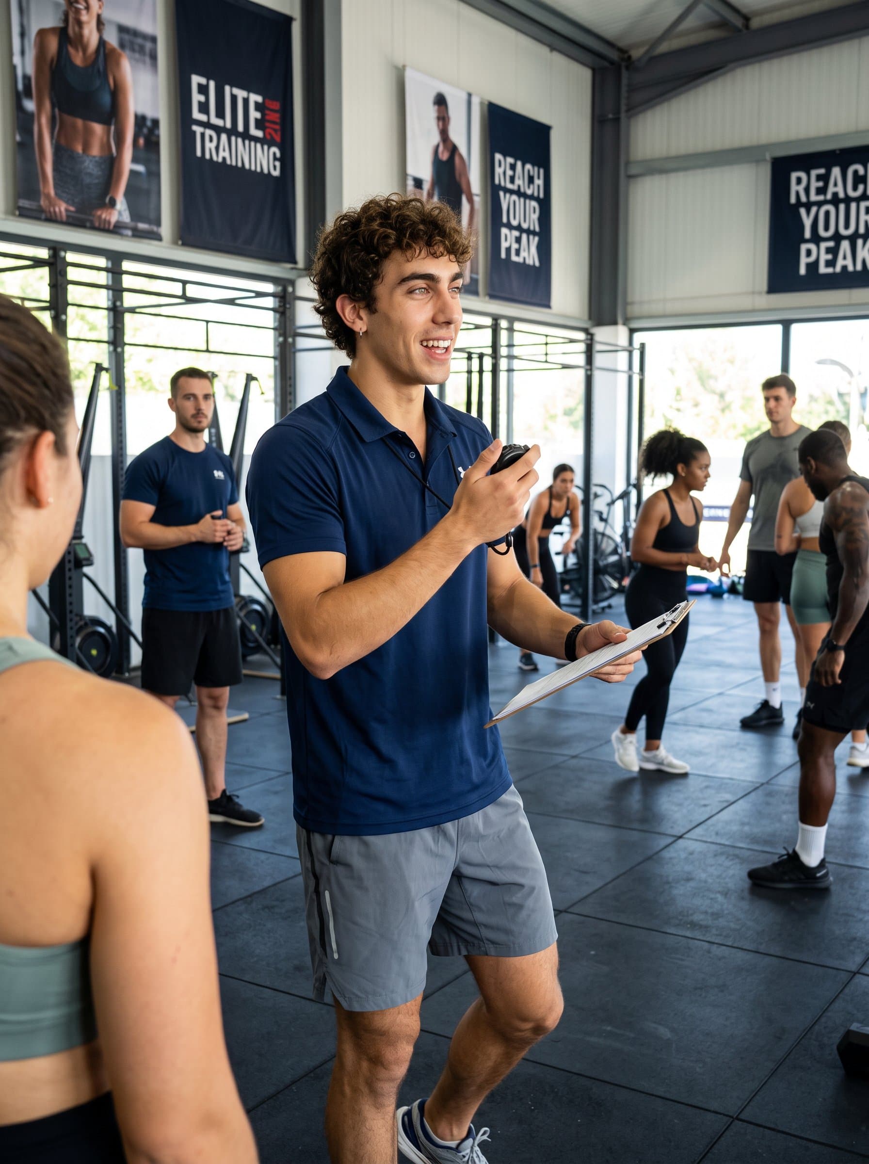 in a dynamic sports facility, dressed in athletic casual wear, representing leadership in sports management or fitness. Emphasizes energy and motivation in a vibrant, lifelike setting.