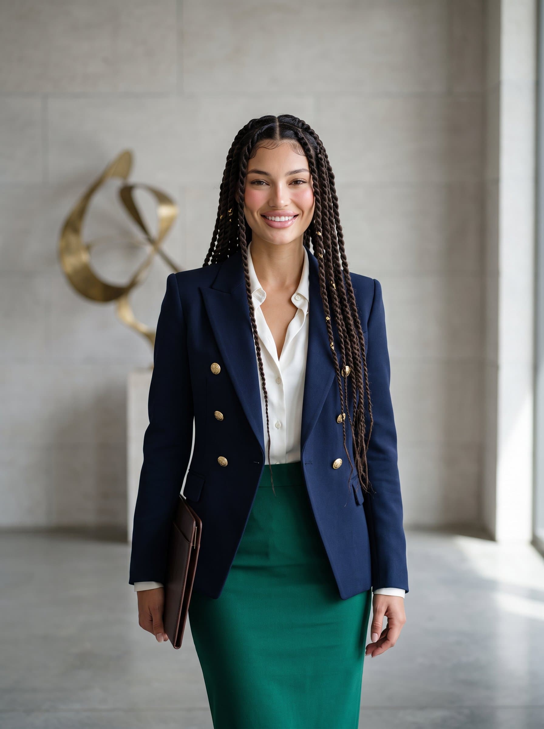 donned in luxury fashion, against a minimalist, elegant background, suited for an executive in the fashion industry. Highlight sophistication and style. Detailed, high-quality capture.