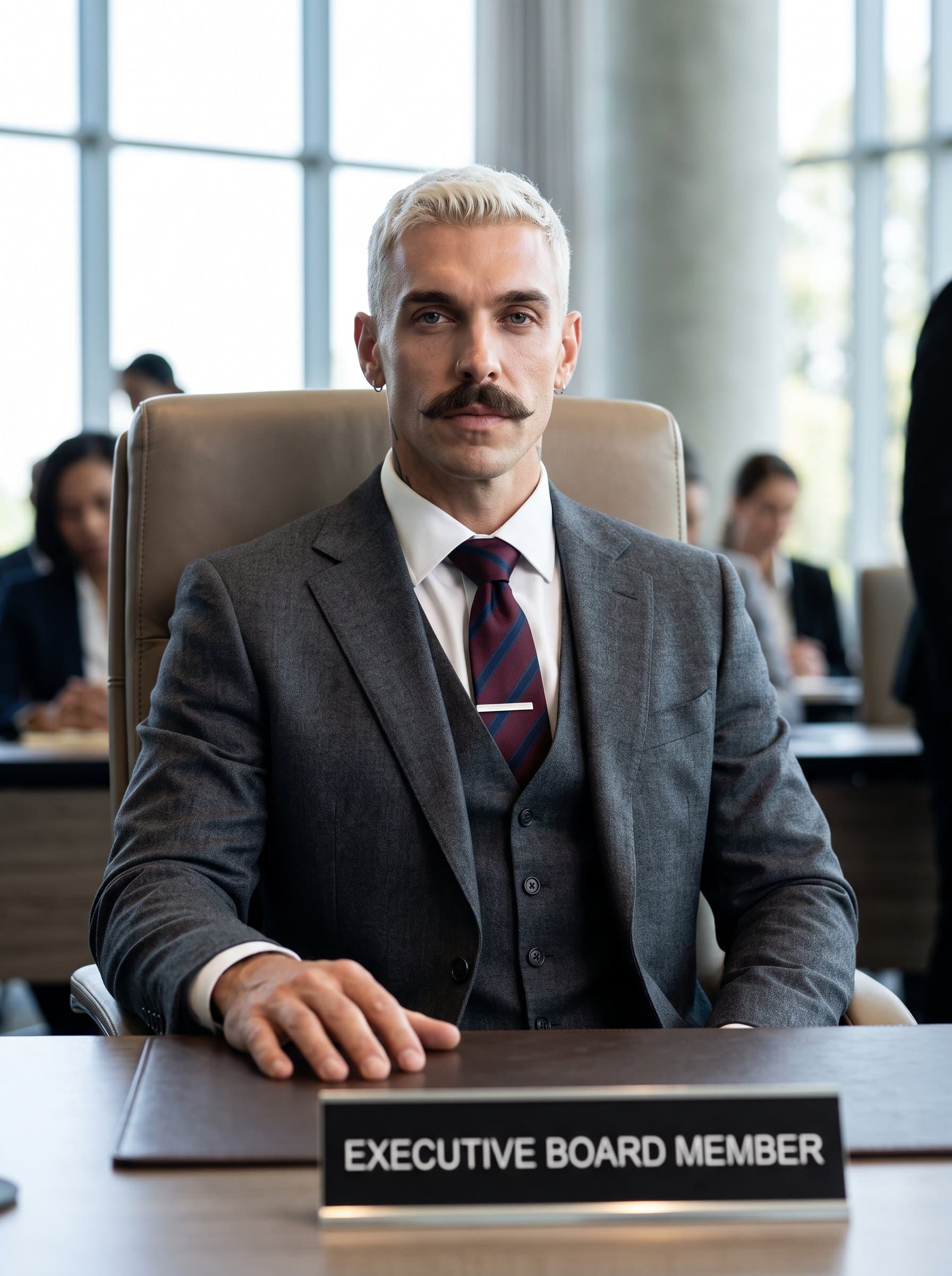 in an elegant conference hall, dressed in formal business wear, embodying refined corporate leadership. Suited for an executive or board member. High-definition, authoritative presence.