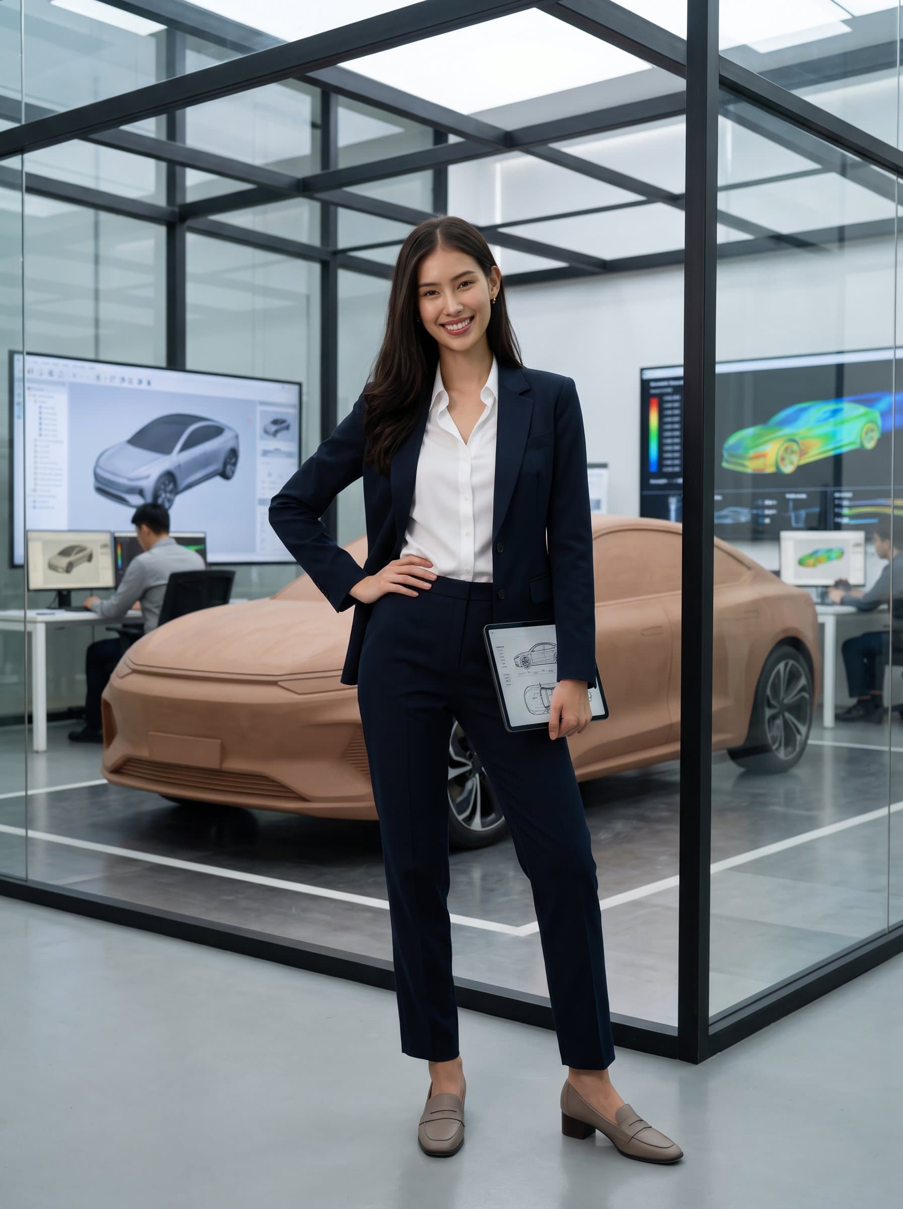 against a backdrop of sleek automotive design, wearing casual business attire, epitomizing innovation in the automotive industry. Suitable for an engineer or automotive executive.