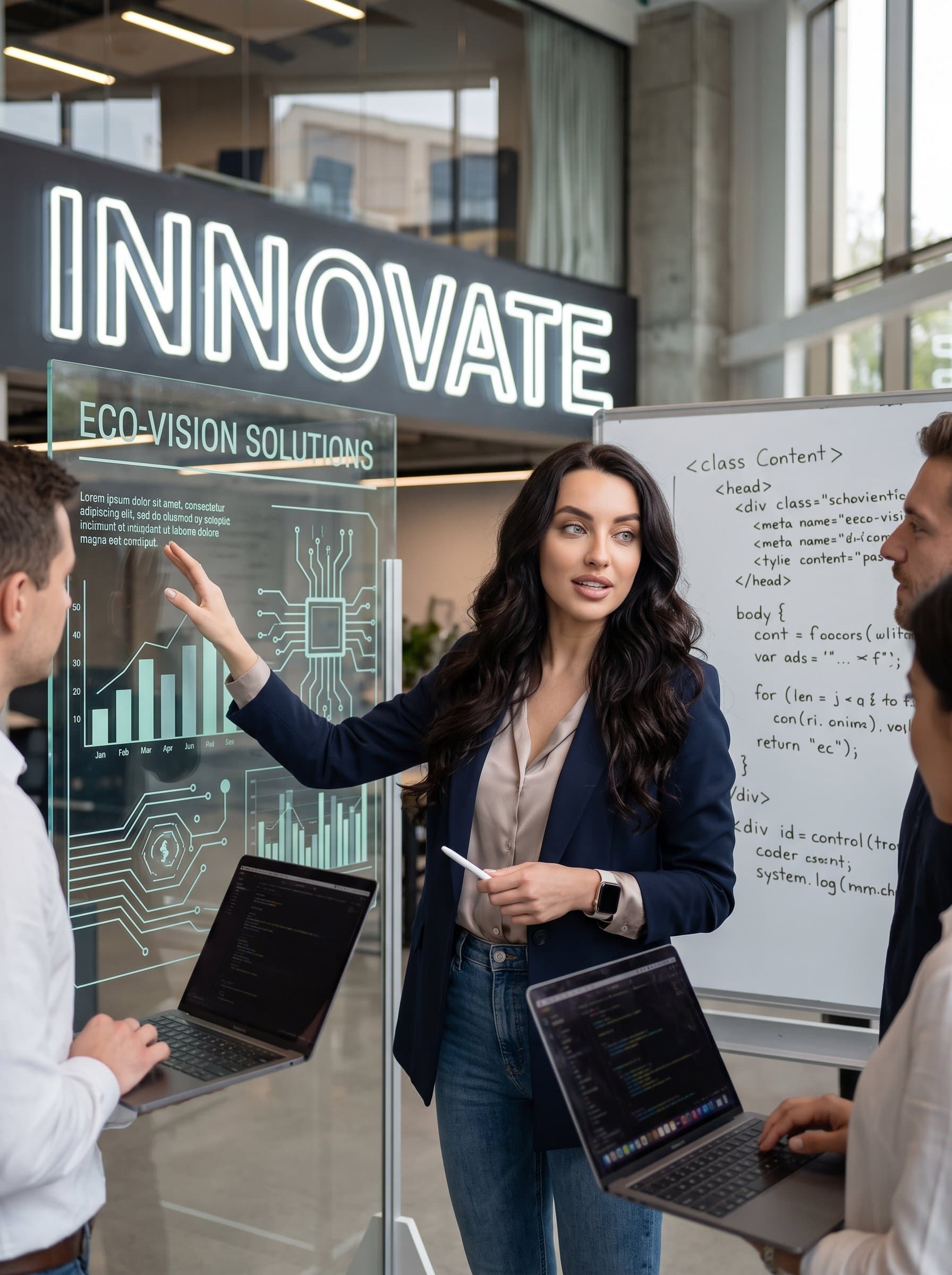 in a high-energy tech startup environment, wearing smart casual attire, showcasing innovative vision and creativity. Ideal for a tech innovator or startup founder. Crisp, engaging detail.