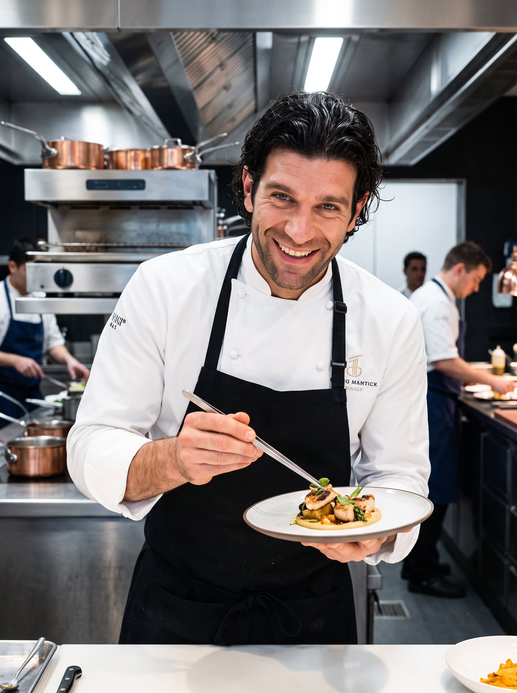 in a modern kitchen space, wearing chef's attire, radiating culinary artistry and passion. Ideal for a culinary professional or restaurant owner. Sharp, vibrant visual appeal.