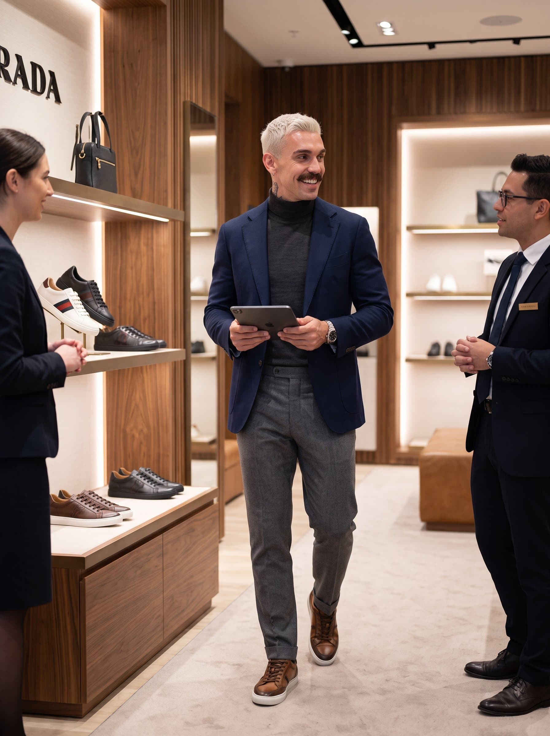 in a chic retail environment, wearing trendy business attire, embodying fashion-forward retail leadership. Ideal for a retail executive or fashion brand manager. Detailed, stylish capture.