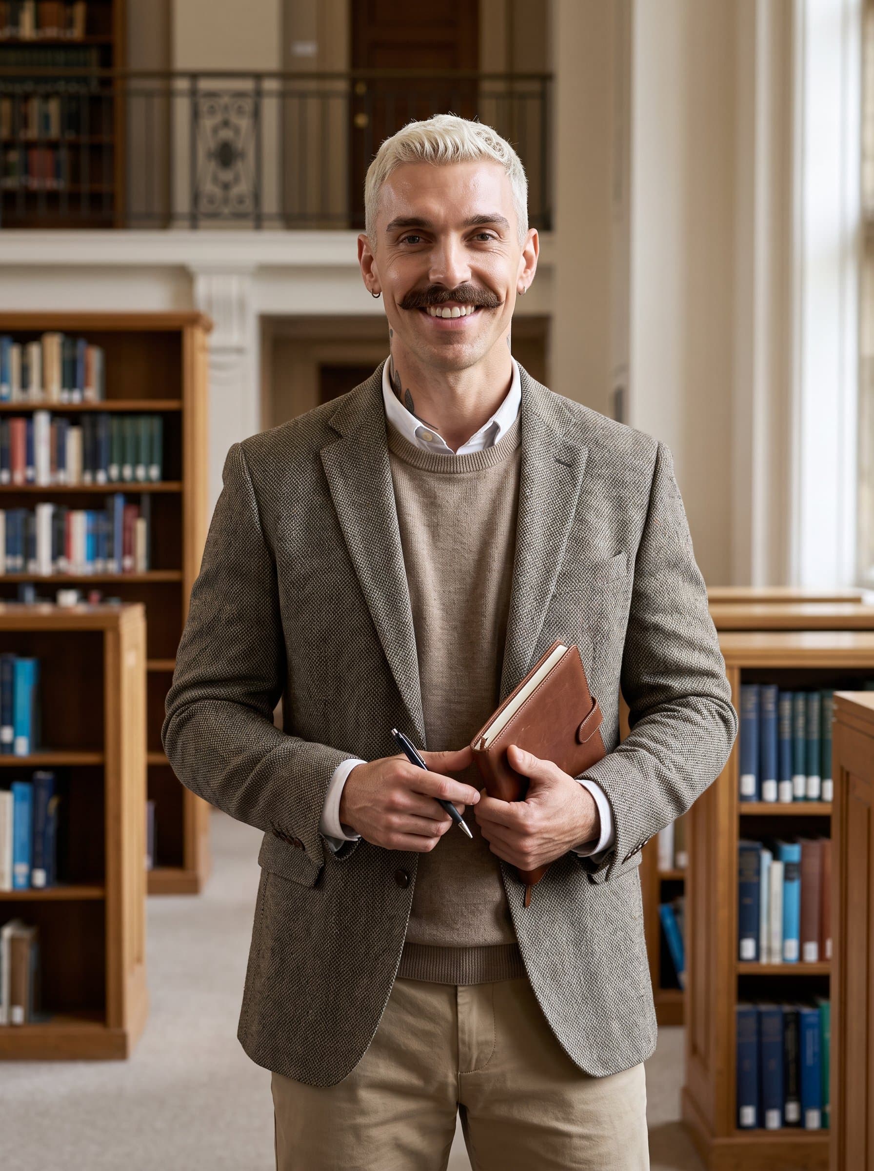 in a serene academic setting, wearing a smart-casual ensemble, exuding wisdom and approachability. Perfect for a lecturer or educational consultant. Photorealistic, with a focus on clarity and intelligence.