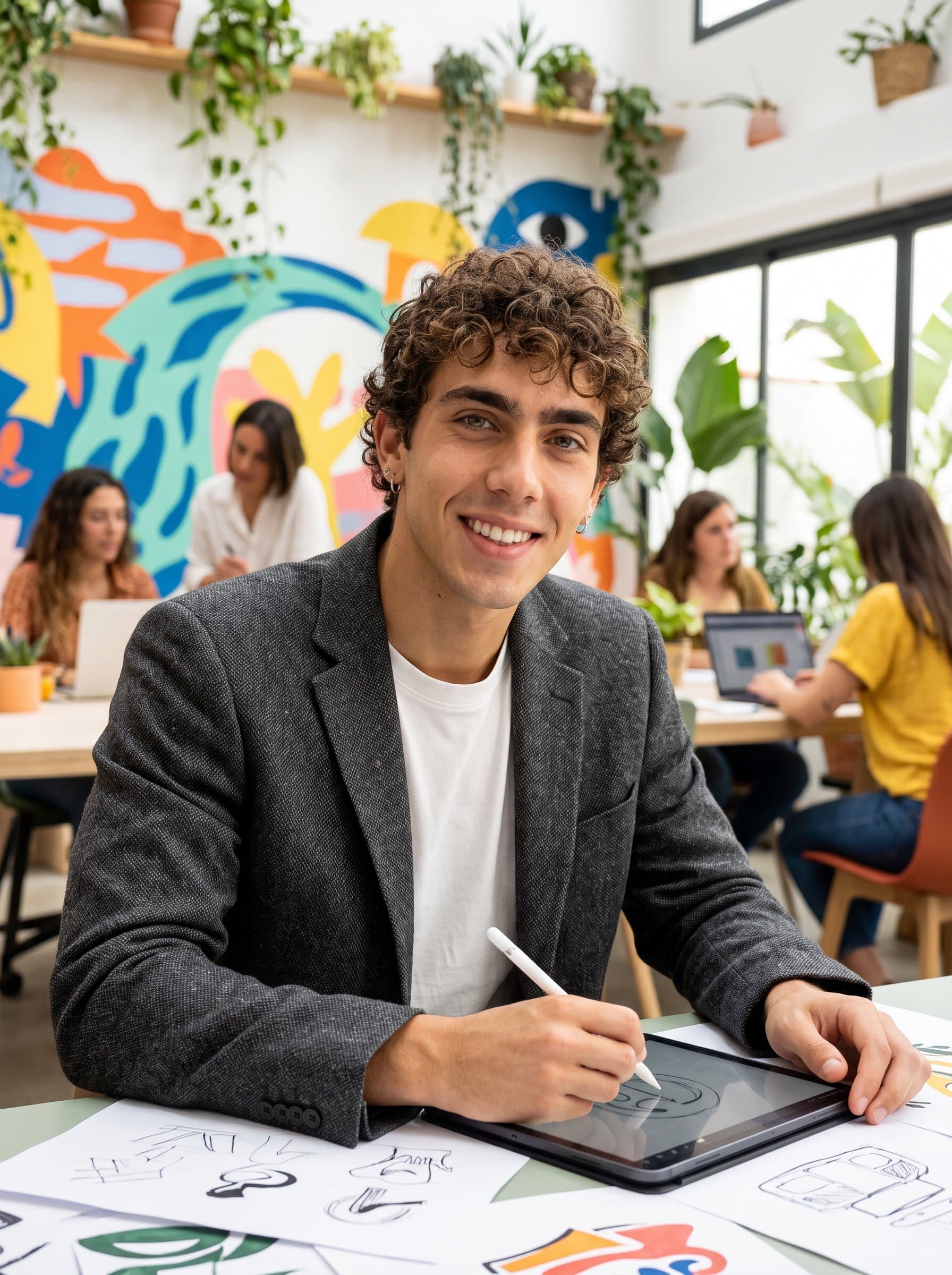 with a creative touch, wearing a stylish blazer and casual shirt, in a vibrant co-working space. Ideal for a freelance designer or artist. Focus on innovative and dynamic energy.