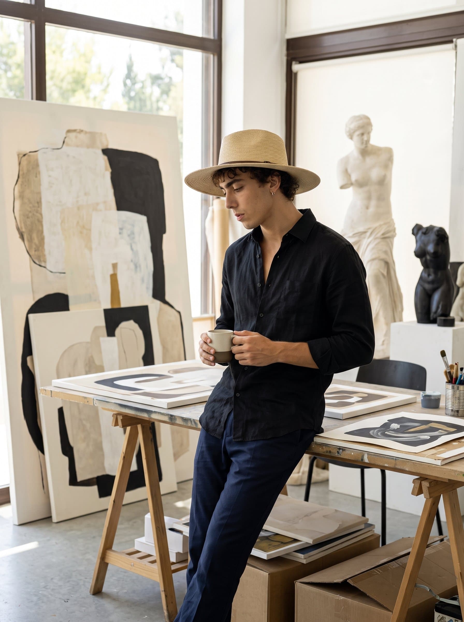 in an artistic workspace, amidst canvases and sculptures, dressed in casual, chic attire. Perfect for an art director or gallery curator. Captures creative passion and a keen aesthetic sense.