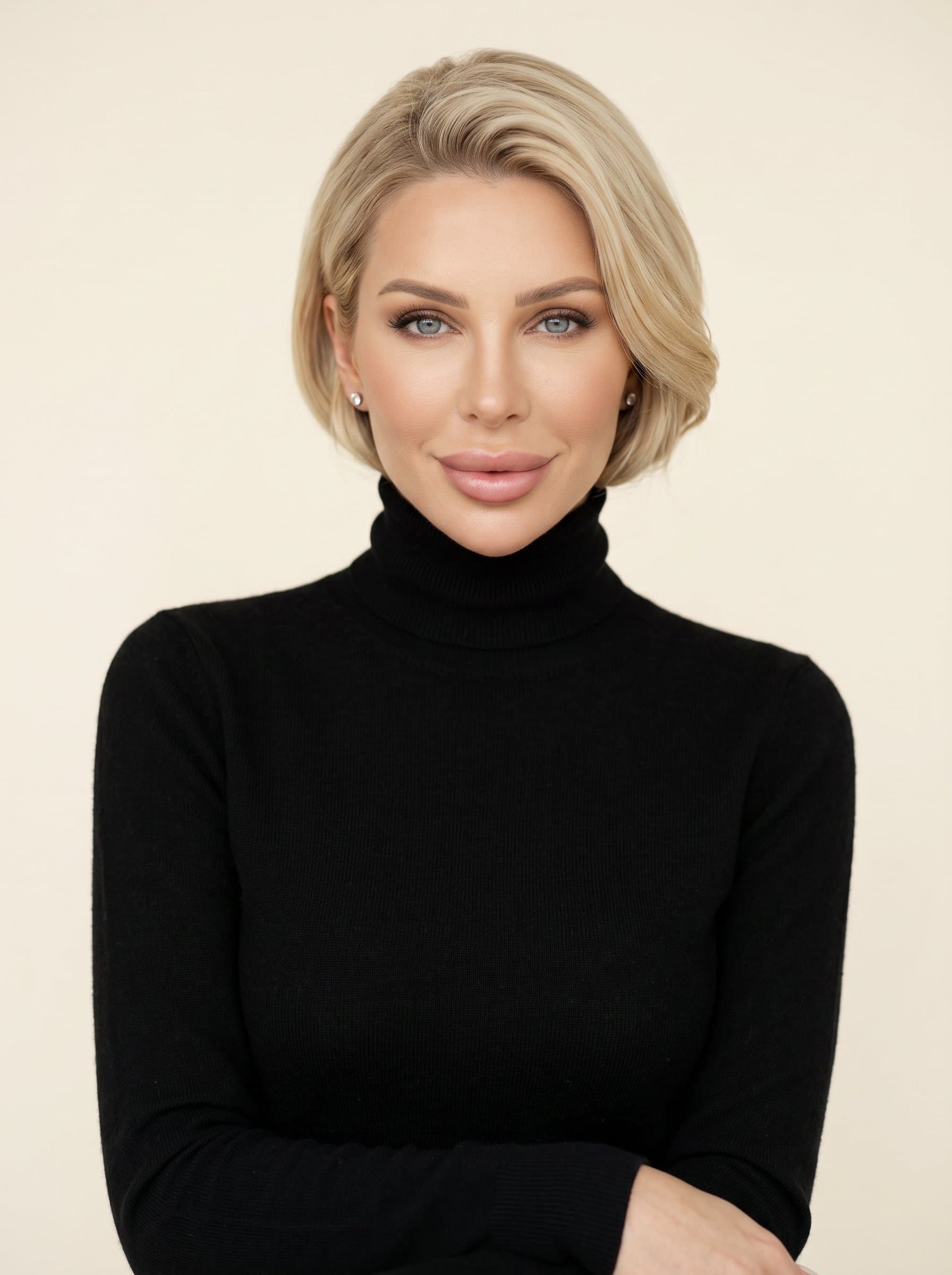 Develop a photorealistic image of featuring an woman wearing a sleek black turtleneck. The backdrop is a smooth, light cream color, and the expression is a gentle smile with eyes focused on the camera.