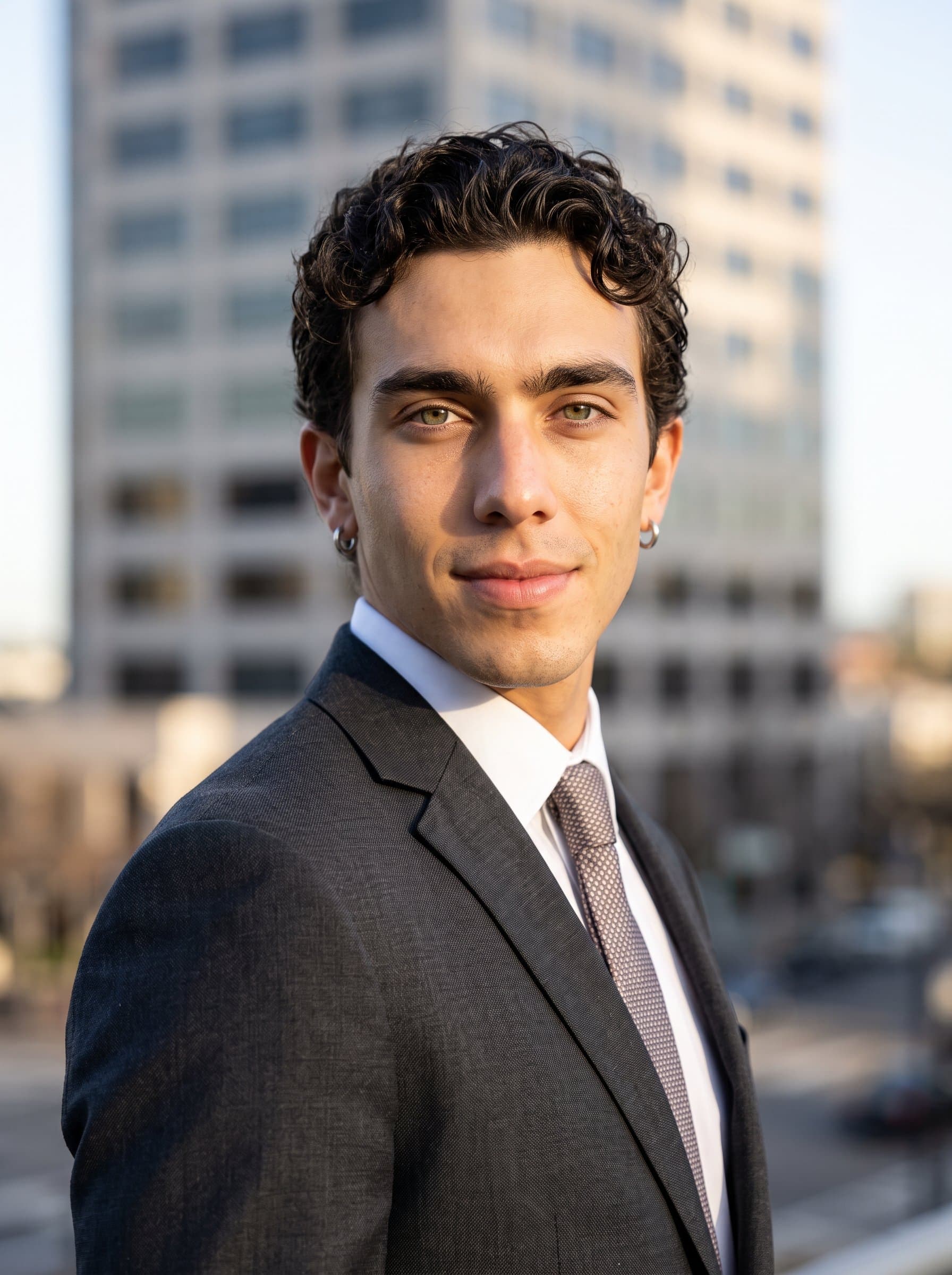 Create a professional headshot of with short, textured hair. The man wears a tailored dark suit, and the photograph is taken in natural sunlight, with a blurred office building in the background.