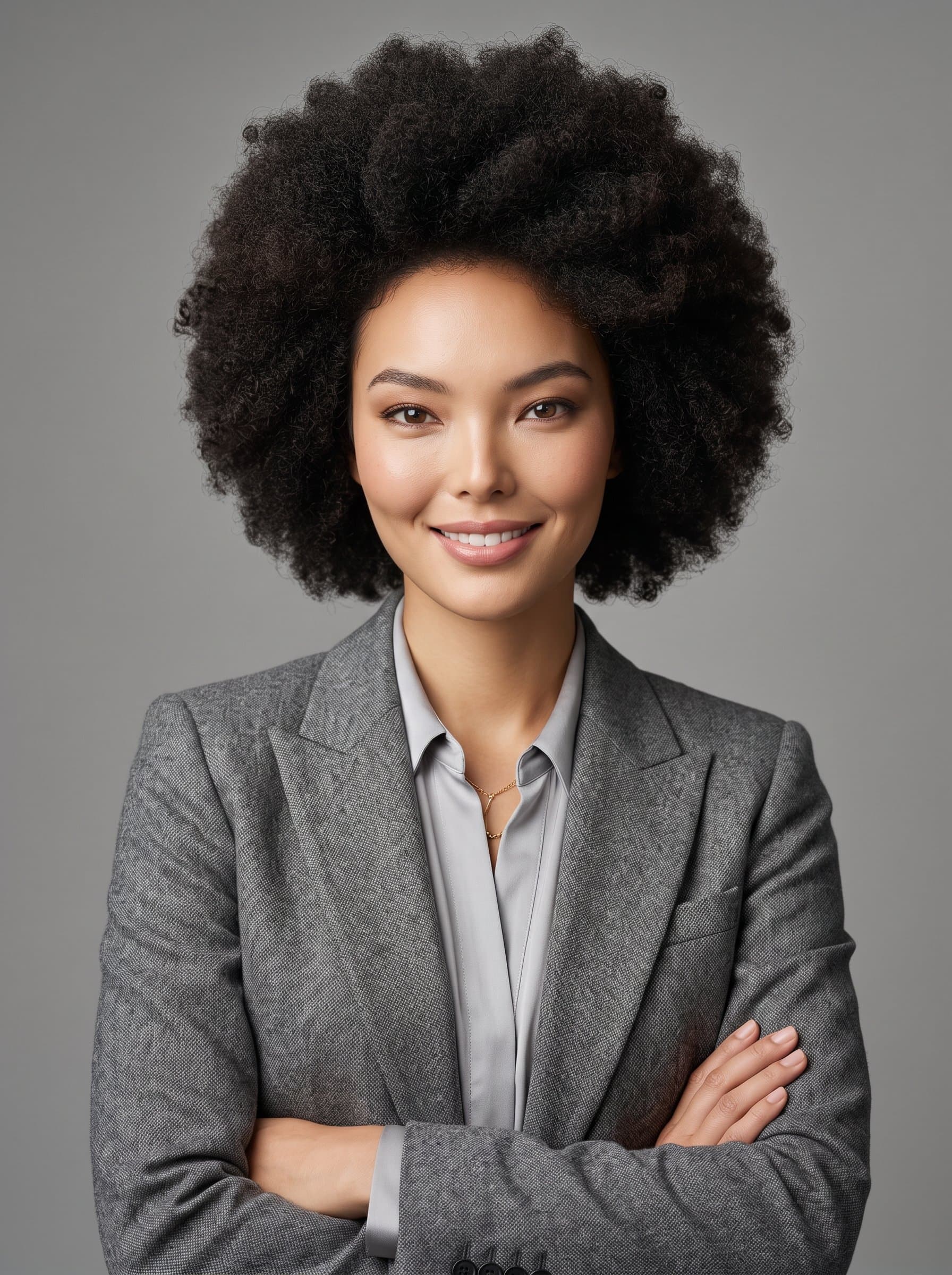 Generate an AI headshot of showcasing a woman with an afro hairstyle, sporting a neutral-toned blazer. The image has a soft, ambient light, with a plain, mid-grey background to enhance professionalism.
