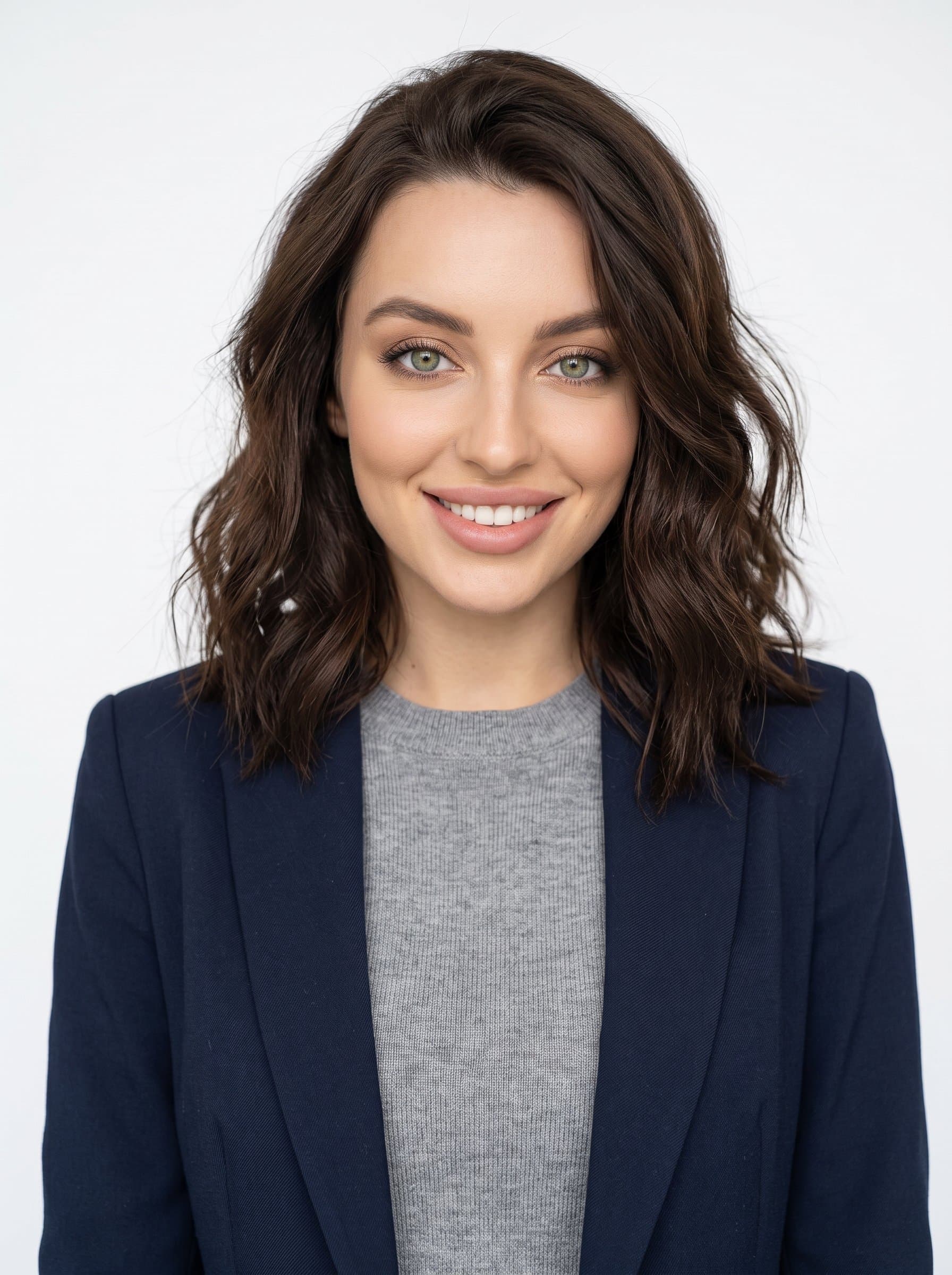 Produce a headshot of with medium-length wavy hair, styled casually. The woman wears a sweater with a blazer over it, set against a simple white background, capturing a friendly and relaxed demeanor.