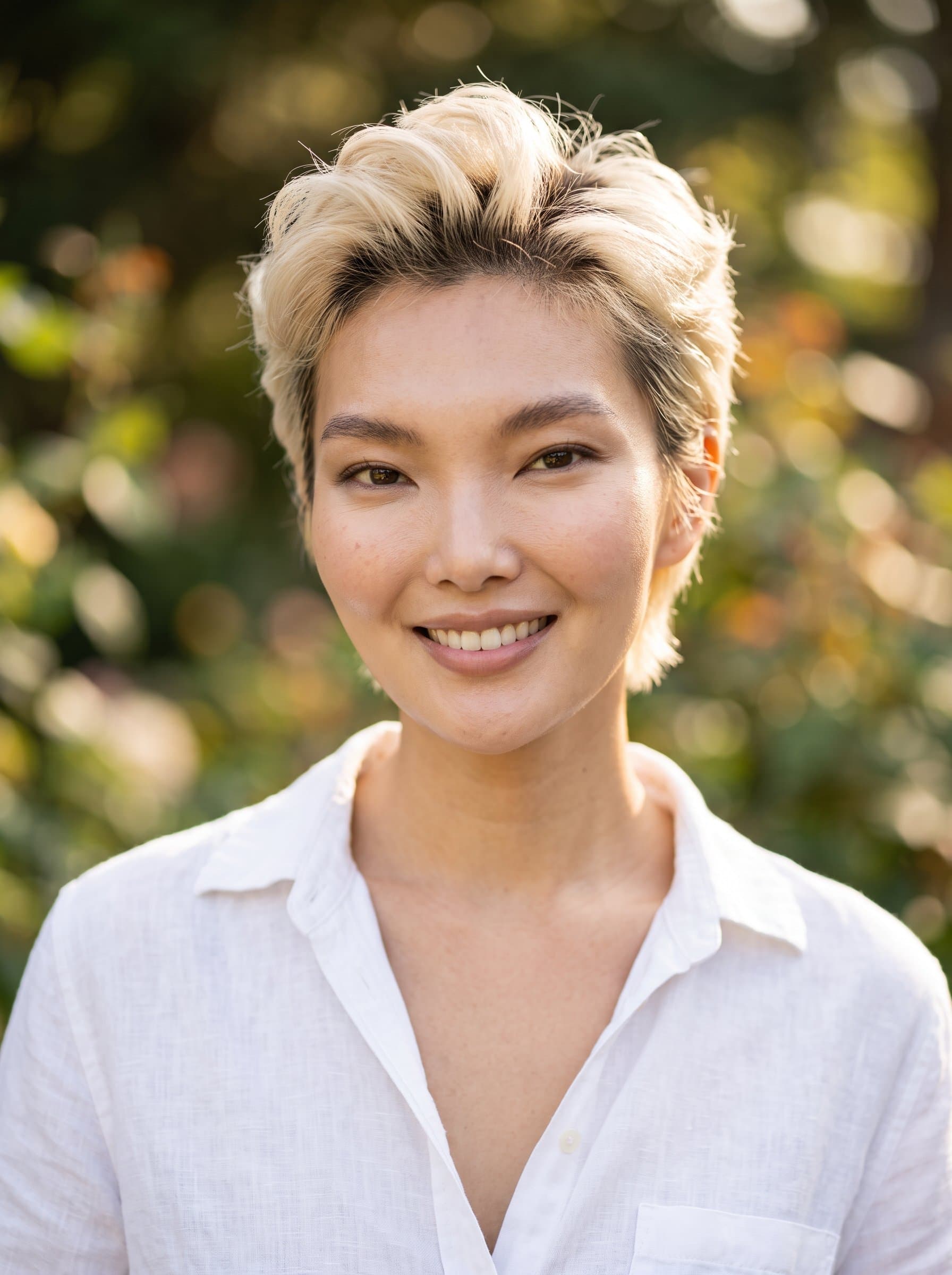 Create a headshot for in high resolution, featuring a woman with a quiff hairstyle wearing an open-collar shirt. The woman stands against a blurred garden background, suggesting approachability and warmth.