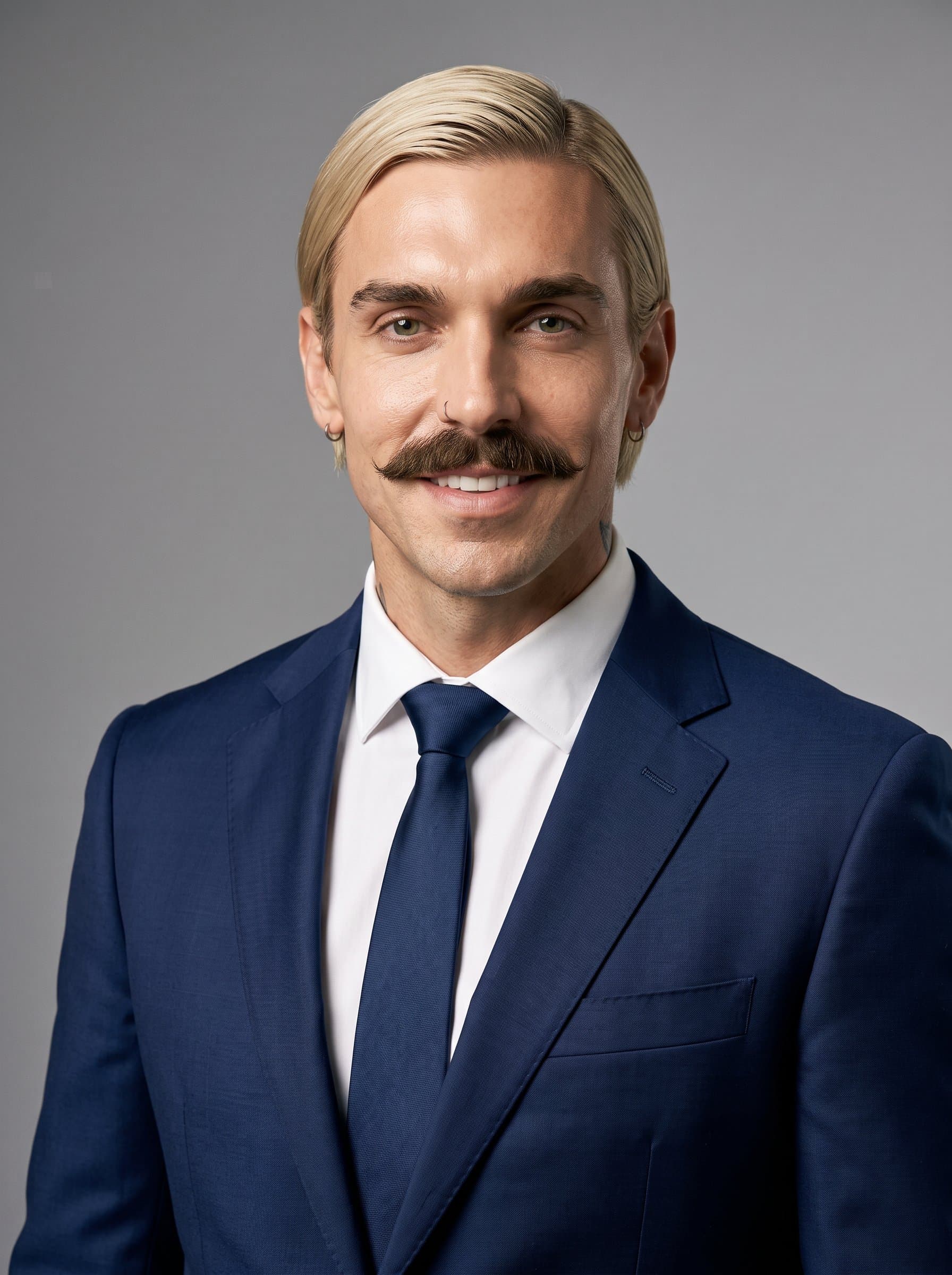 Develop a professional headshot of with sleek, straight hair tucked behind the ears. The man is wearing a sharp, navy blue suit, and the backdrop is a studio-lit neutral grey.