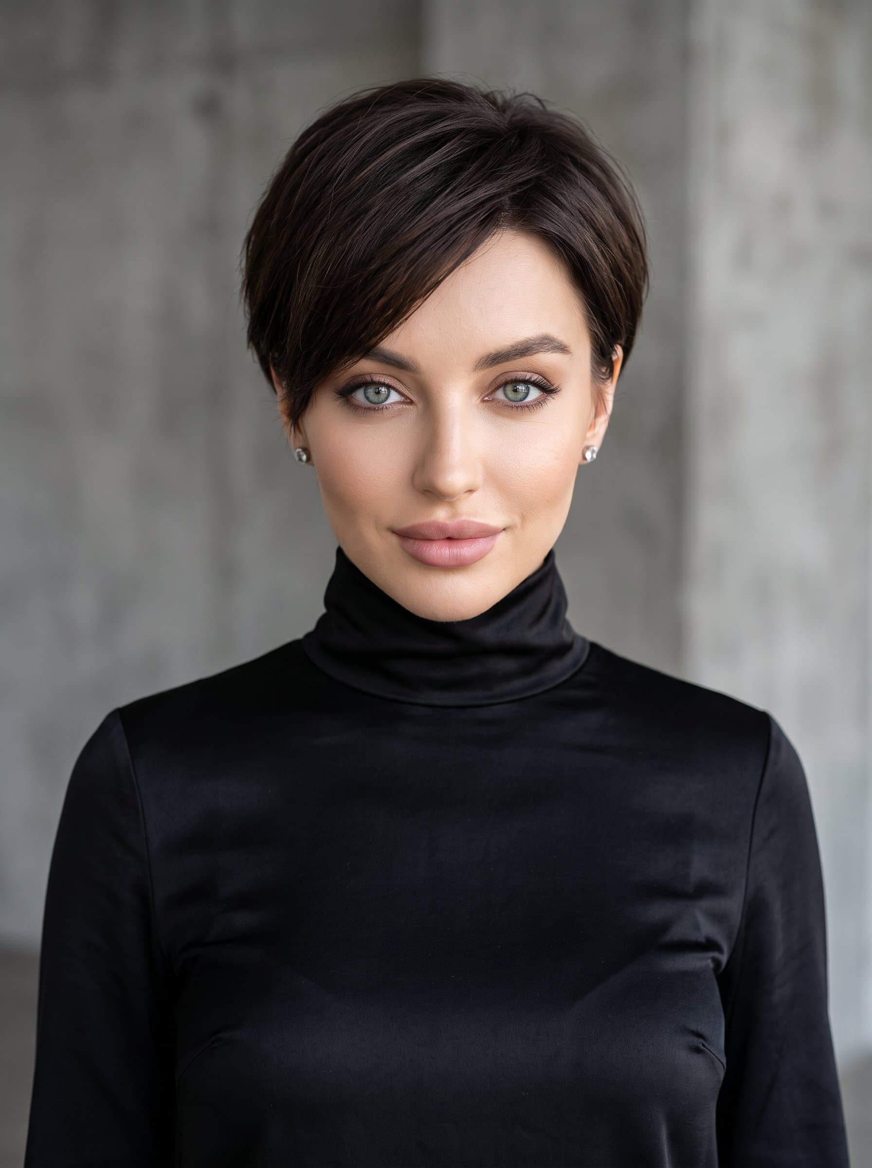 Create an AI headshot of with a pixie cut hairstyle, wearing a minimalist, elegant top. The backdrop is a soft-focus industrial wall, providing a modern and sophisticated impression.