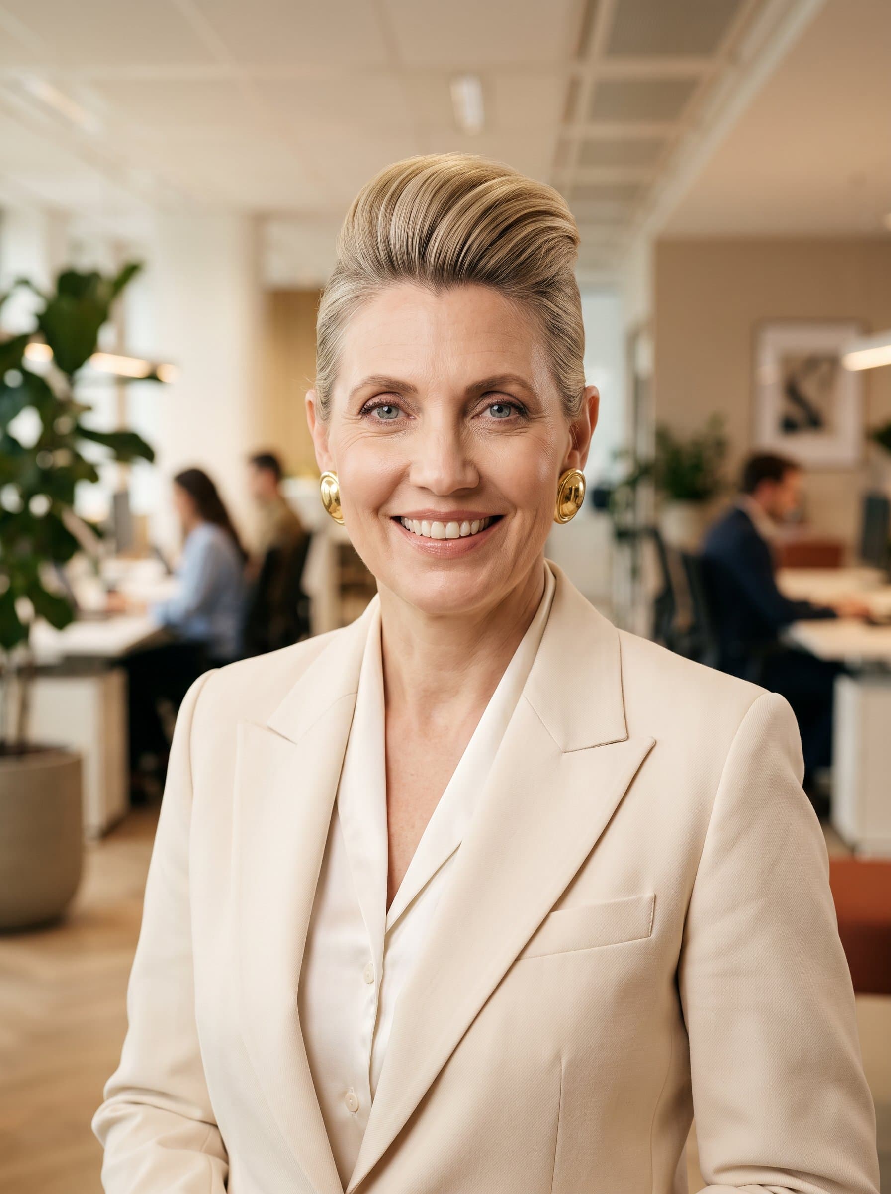 Create an AI headshot of featuring a woman with a pompadour hairstyle, dressed in a light-colored suit. The background is a blurred office environment, providing a touch of professionalism and friendliness.