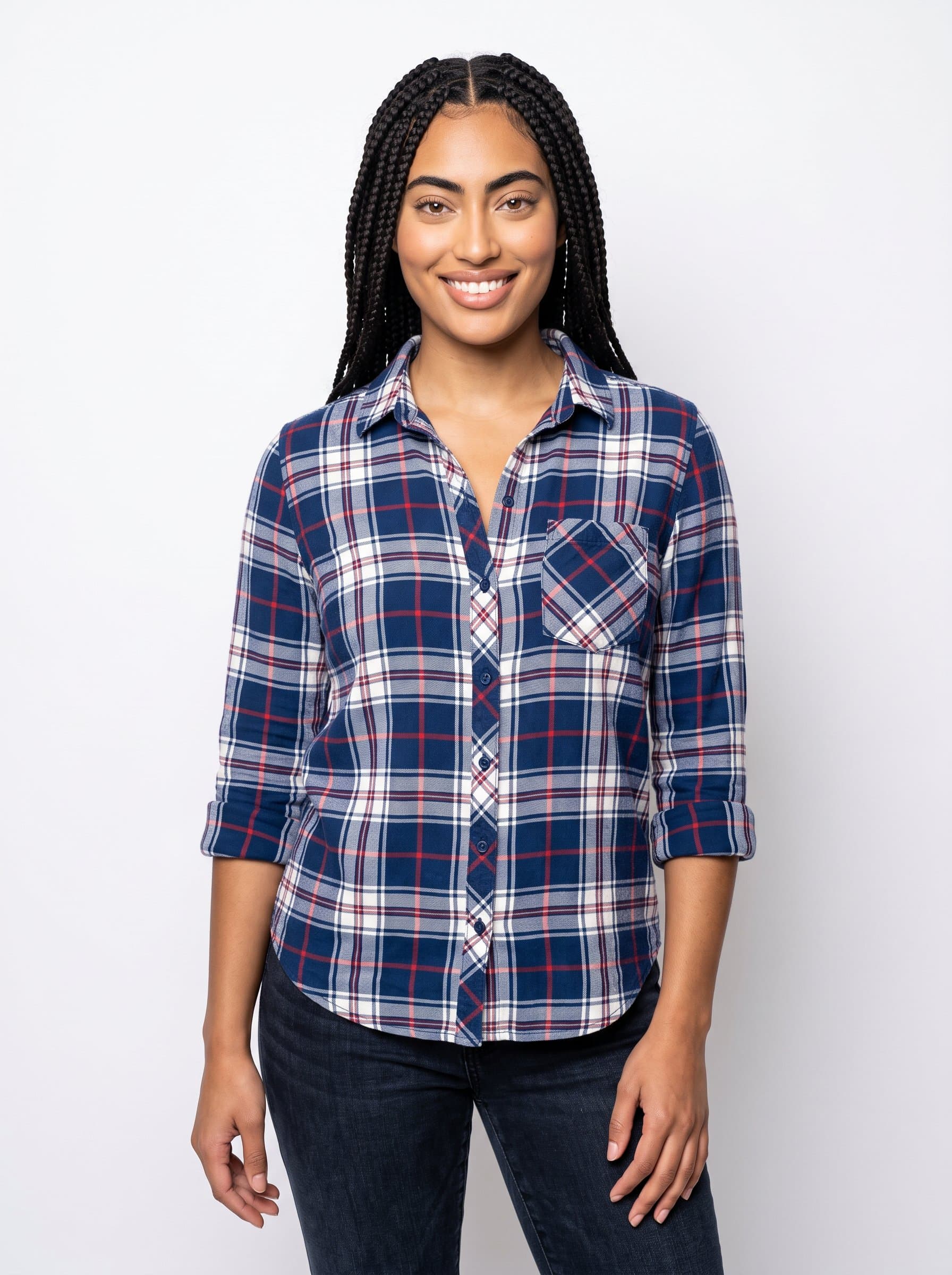 Design a photorealistic image of with braids styled neatly, dressed in a smart-casual, plaid button-up. The woman stands in front of a clean white background, conveying a friendly and open appearance.