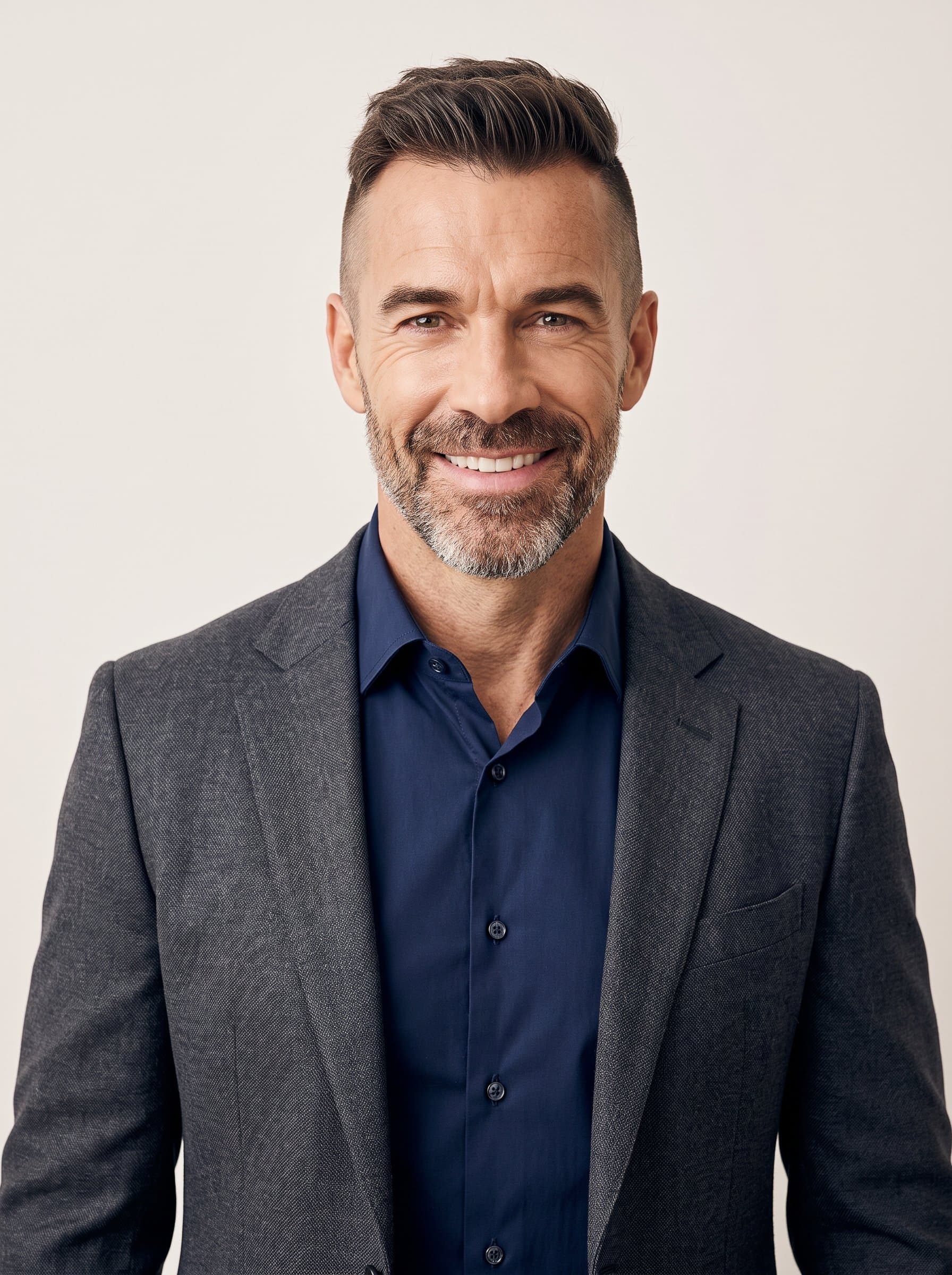Develop a professional headshot of with an undercut hairstyle, wearing a fitted navy shirt. The man stands against a minimalist, off-white backdrop, emphasizing their confident smile and approachable demeanor.