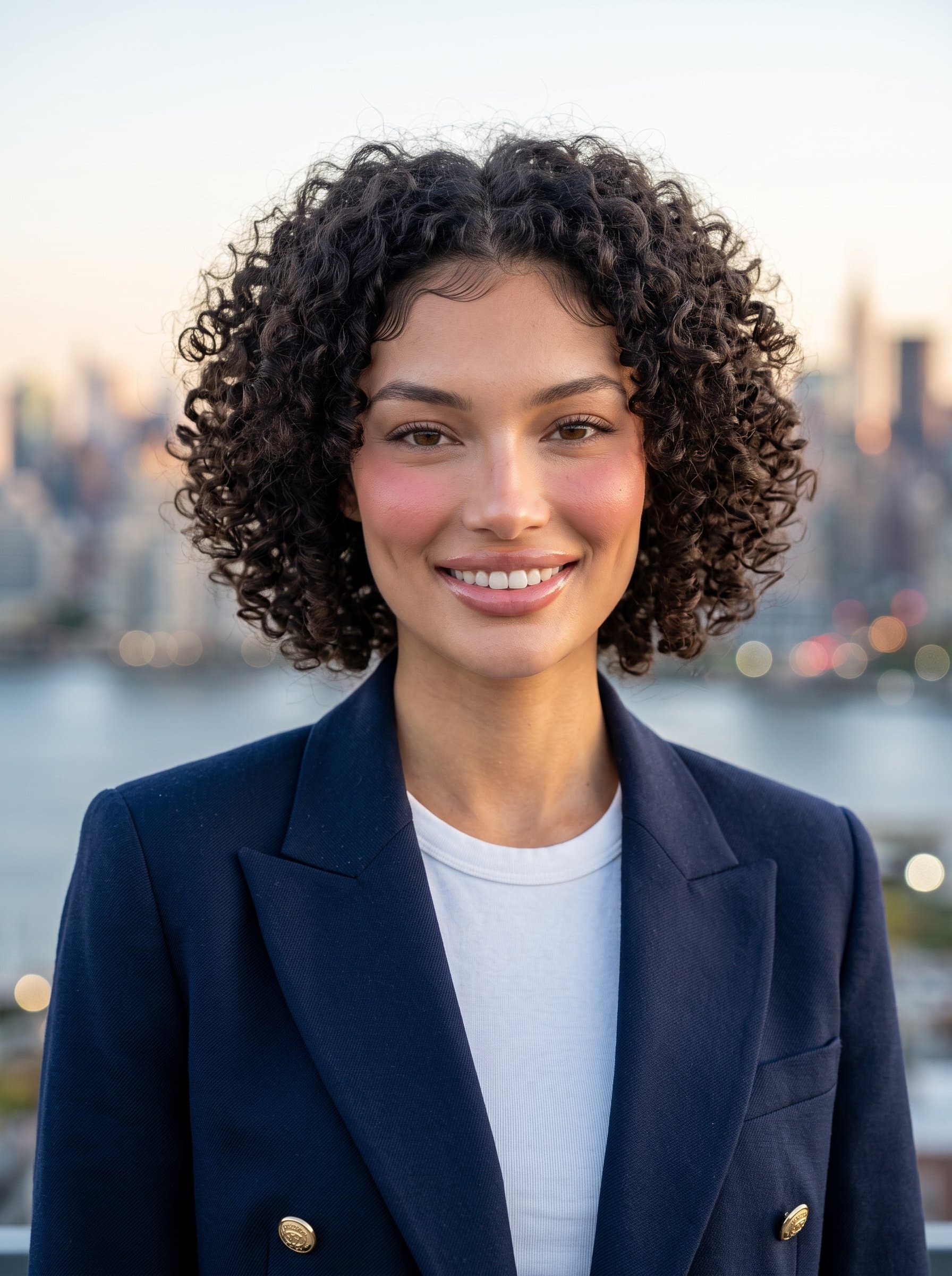 Create a photorealistic headshot of with short curly hair, wearing a navy blazer. The woman stands against a softly blurred cityscape background, softly lit to showcase a confident and approachable smile.