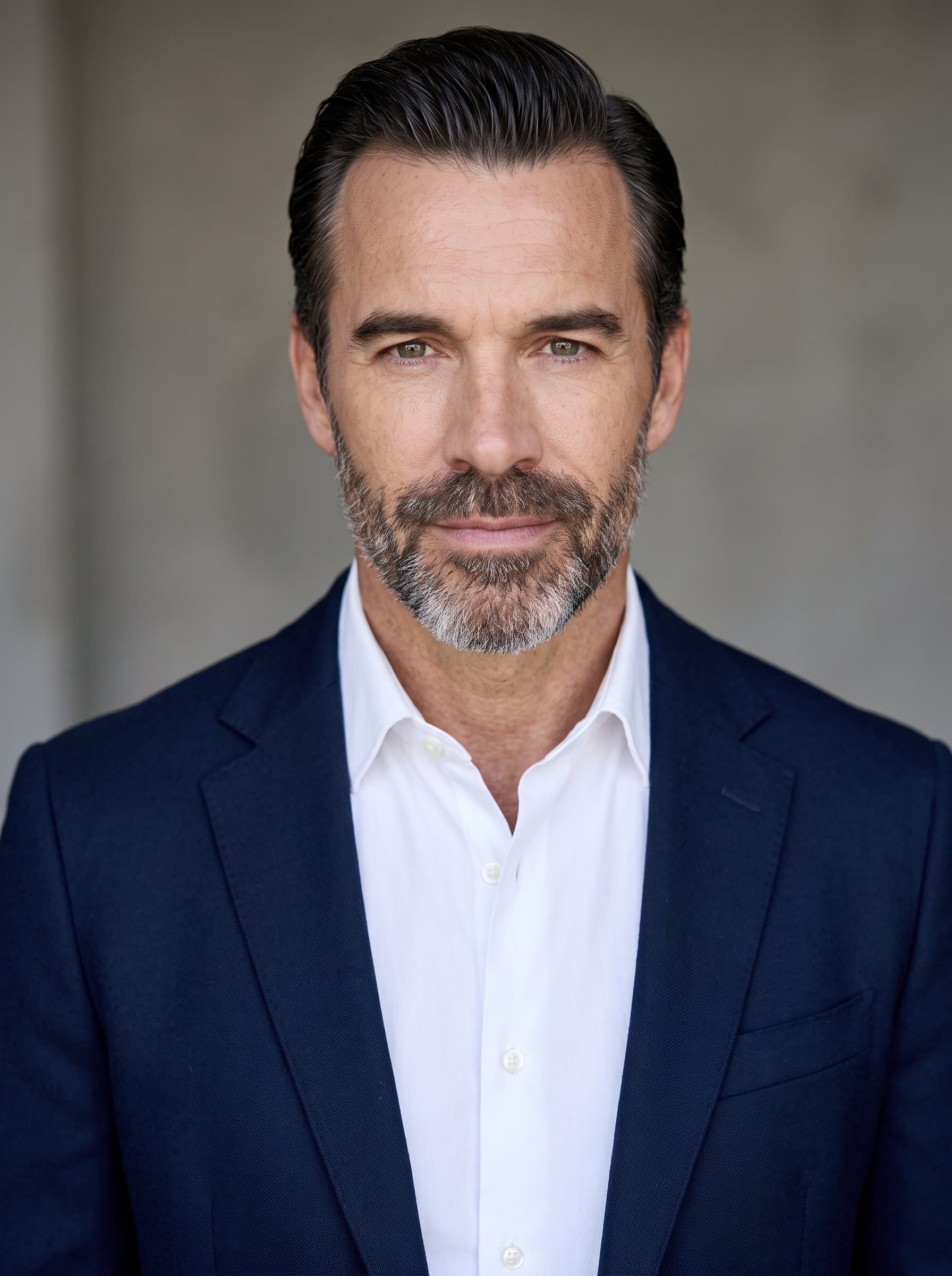 Generate a professional headshot for featuring an man with slicked-back hair, wearing a dark blazer over a white shirt. The neutral-colored background enhances the man’s poised and amiable expression.