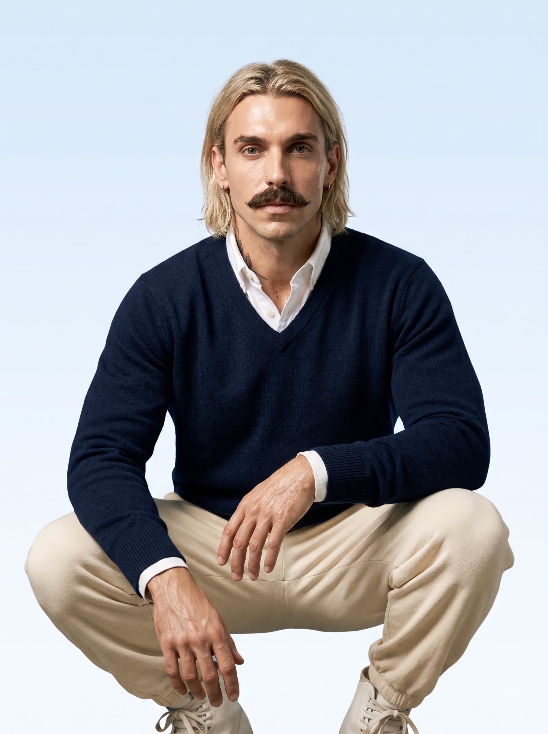 Design a photorealistic image of with shoulder-length hair, dressed in a classic V-neck sweater over a collared shirt. The background is a smooth gradient from light blue to white, offering a fresh look.