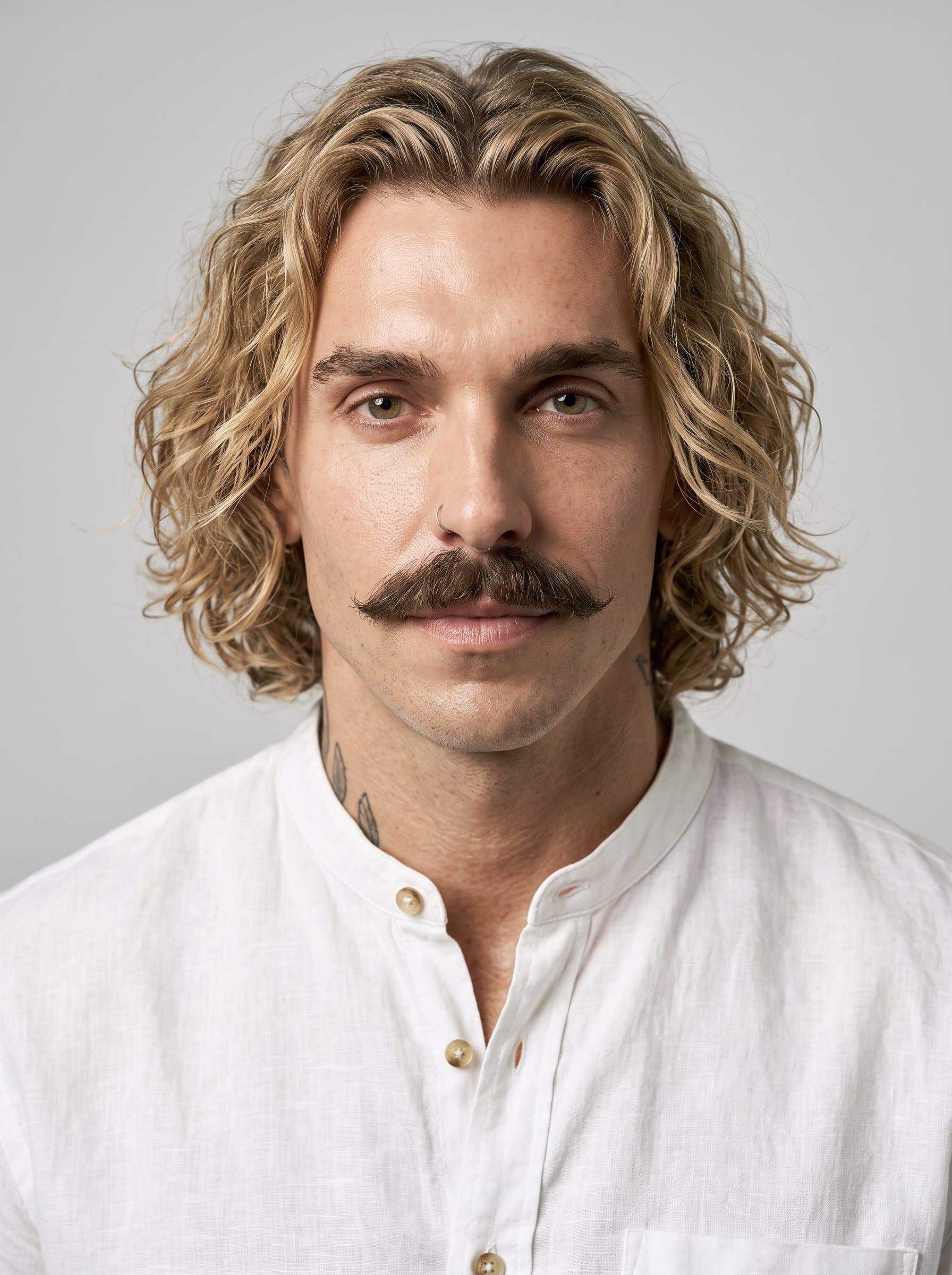 Produce a headshot of with medium-length hair styled in loose waves, wearing a classic blouse. The image is softly illuminated with a neutral background, capturing a calm yet engaging expression.