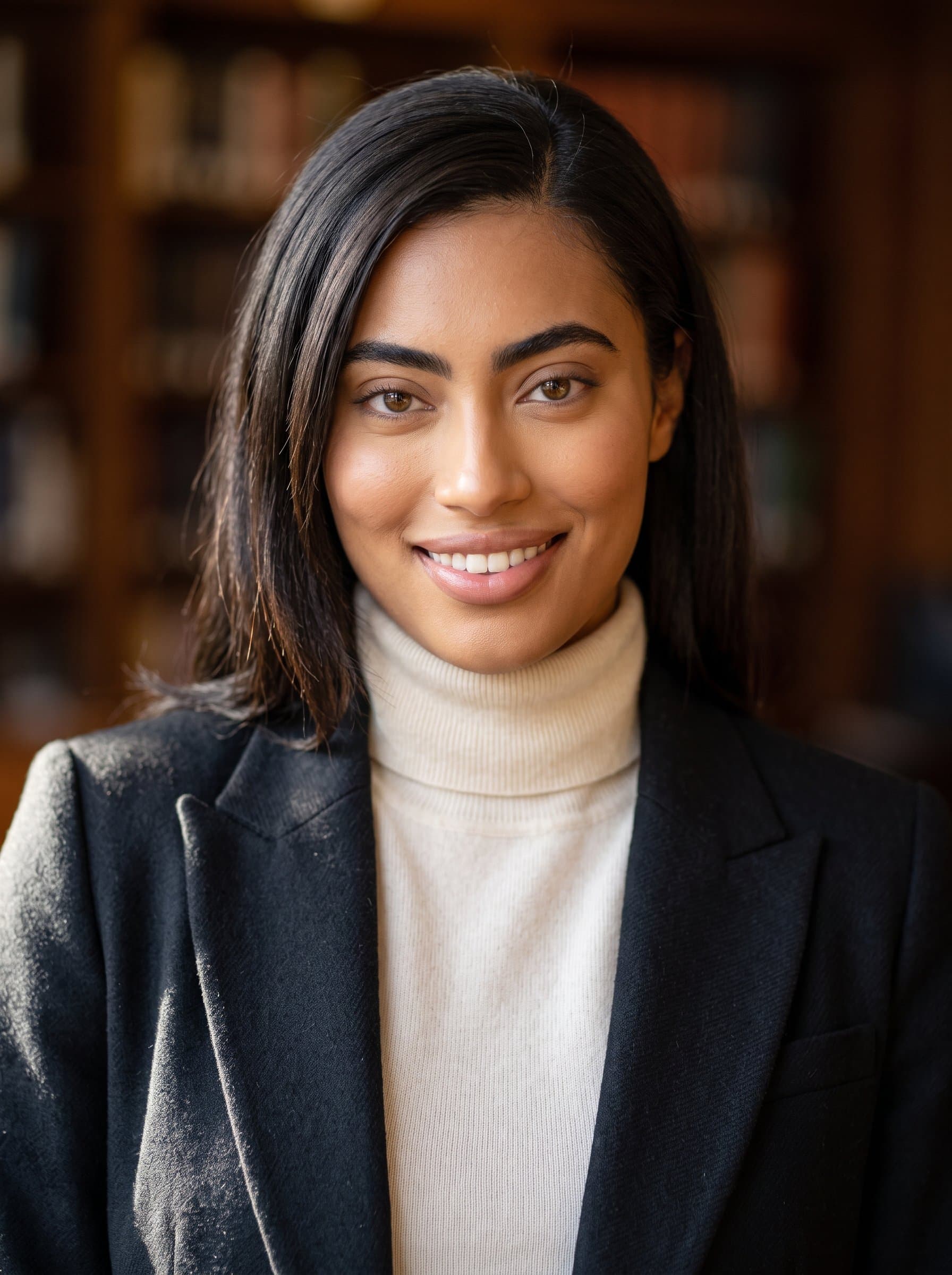 Produce a high-definition image of with a side-part hairstyle, wearing a dark jacket over a light turtleneck. The background is softly blurred brown tones, emphasizing the woman's kind and confident gaze.