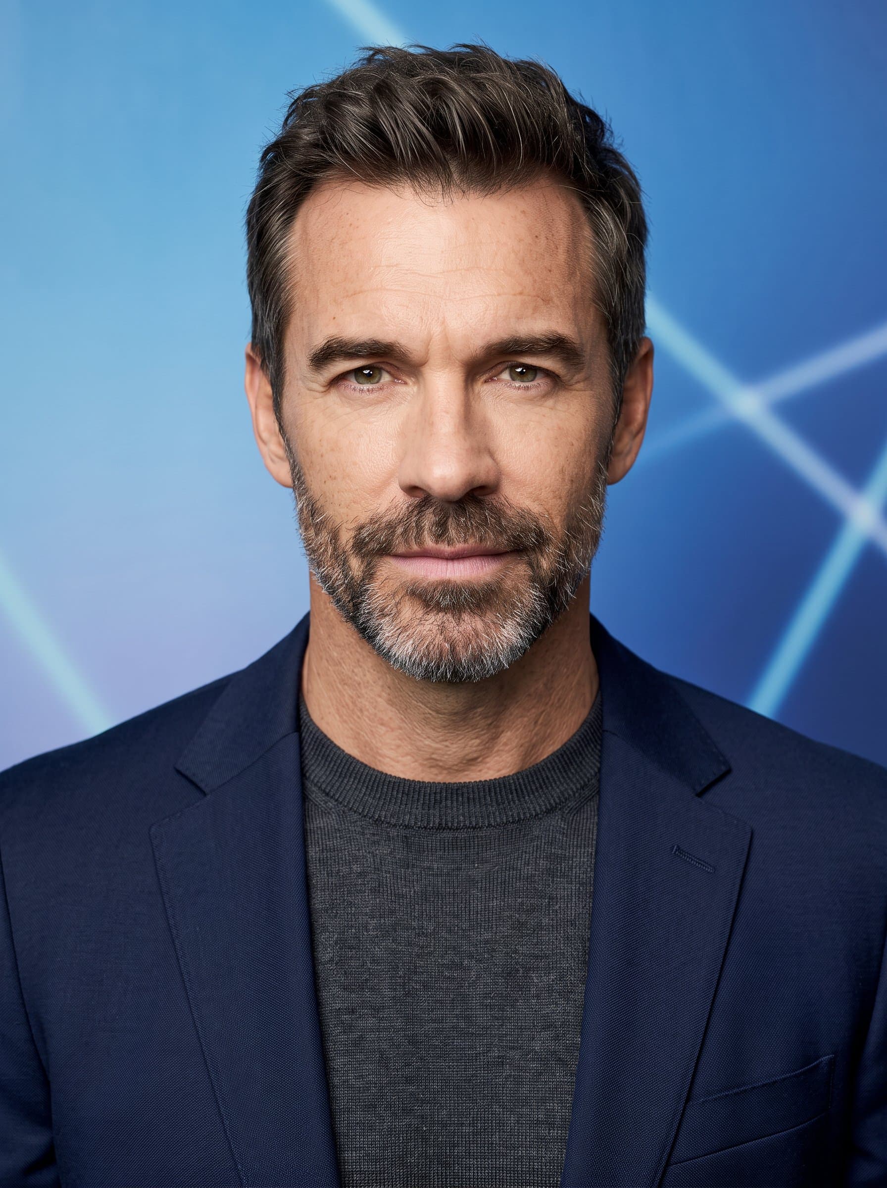 : Create a headshot with a minimalist tech style. The background is a soft gradient of blues. The man wears a smart casual ensemble, conveying a sense of innovation and modernity for a Twitter profile.