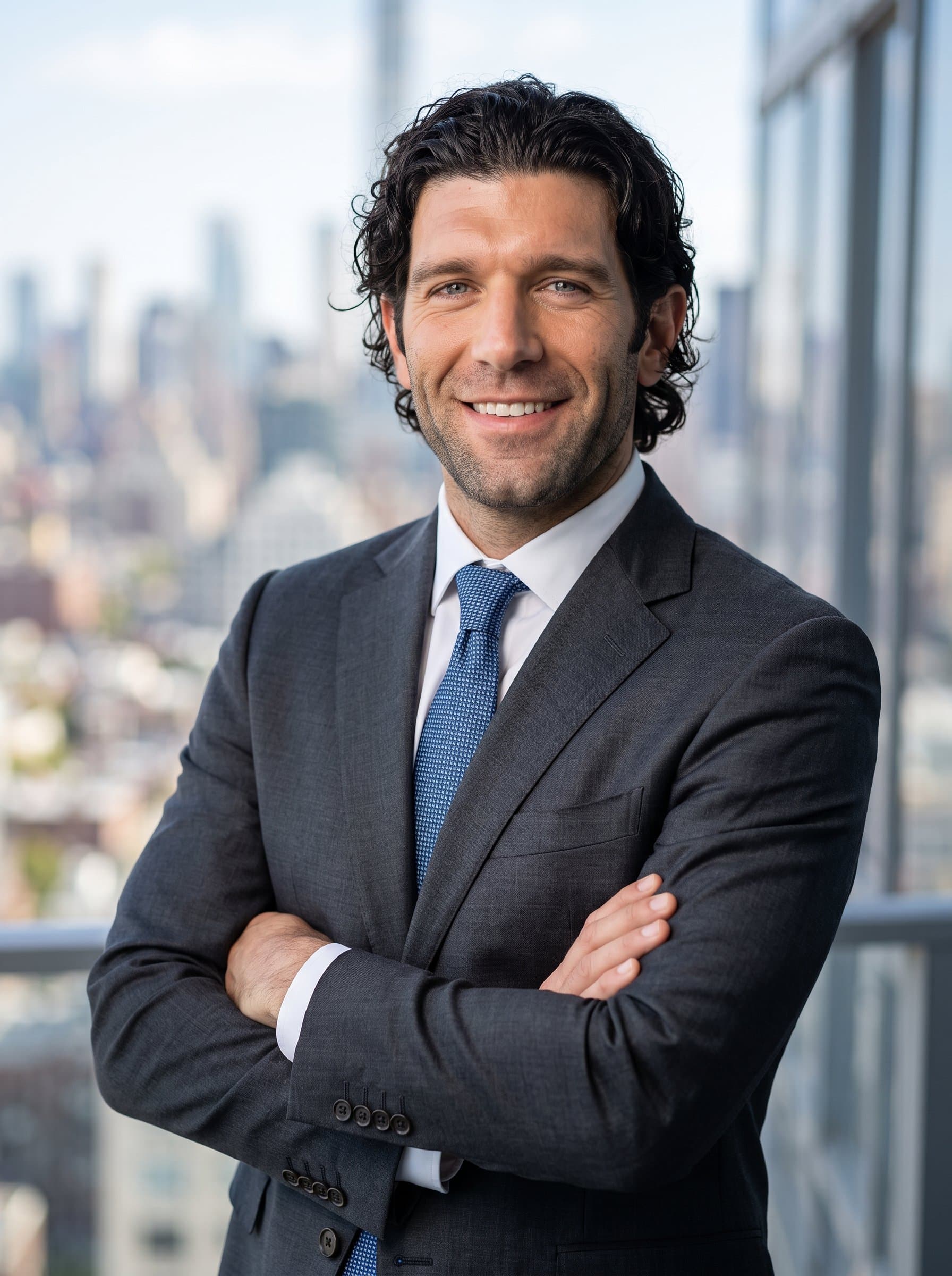 : Generate a corporate-themed headshot with a blurred cityscape backdrop. The man stands confidently, arms crossed, sporting a tailored suit. Lighting enhances a professional and authoritative appearance suitable for LinkedIn or Twitter.