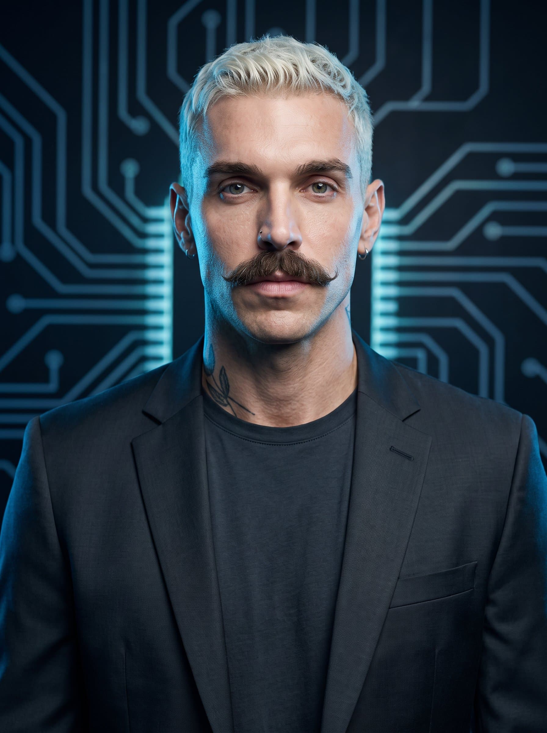 : Create a modern tech-inspired headshot. The background features subtle circuit patterns. The man wears a sleek, dark blazer. Cool-toned lighting highlights an innovative, forward-thinking persona, ideal for a digital presence.