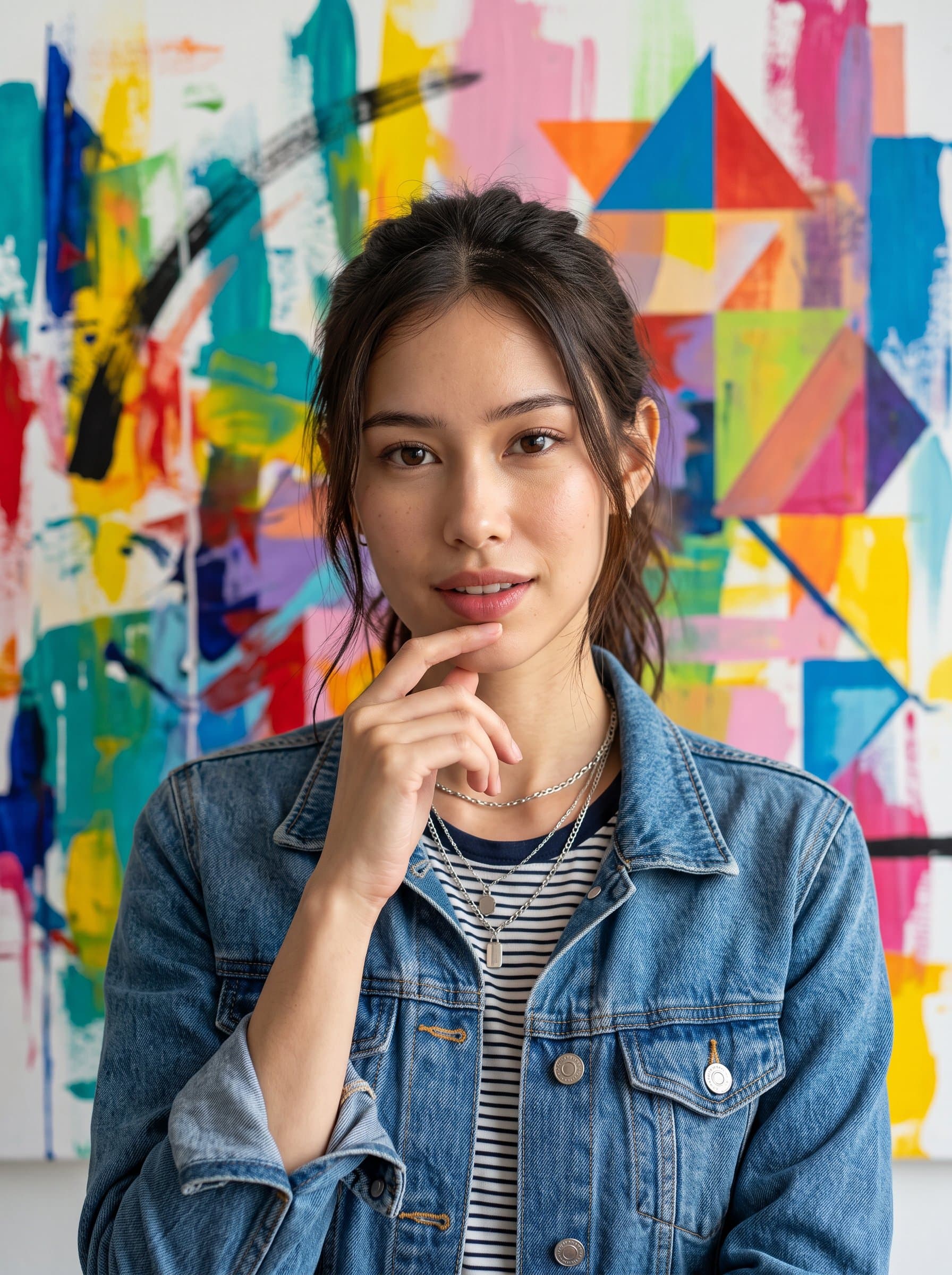 : Design a creative headshot with vibrant abstract art in the background. The woman's expression is thoughtful and engaging, dressed in a casual chic outfit. Perfect for a dynamic Twitter profile.