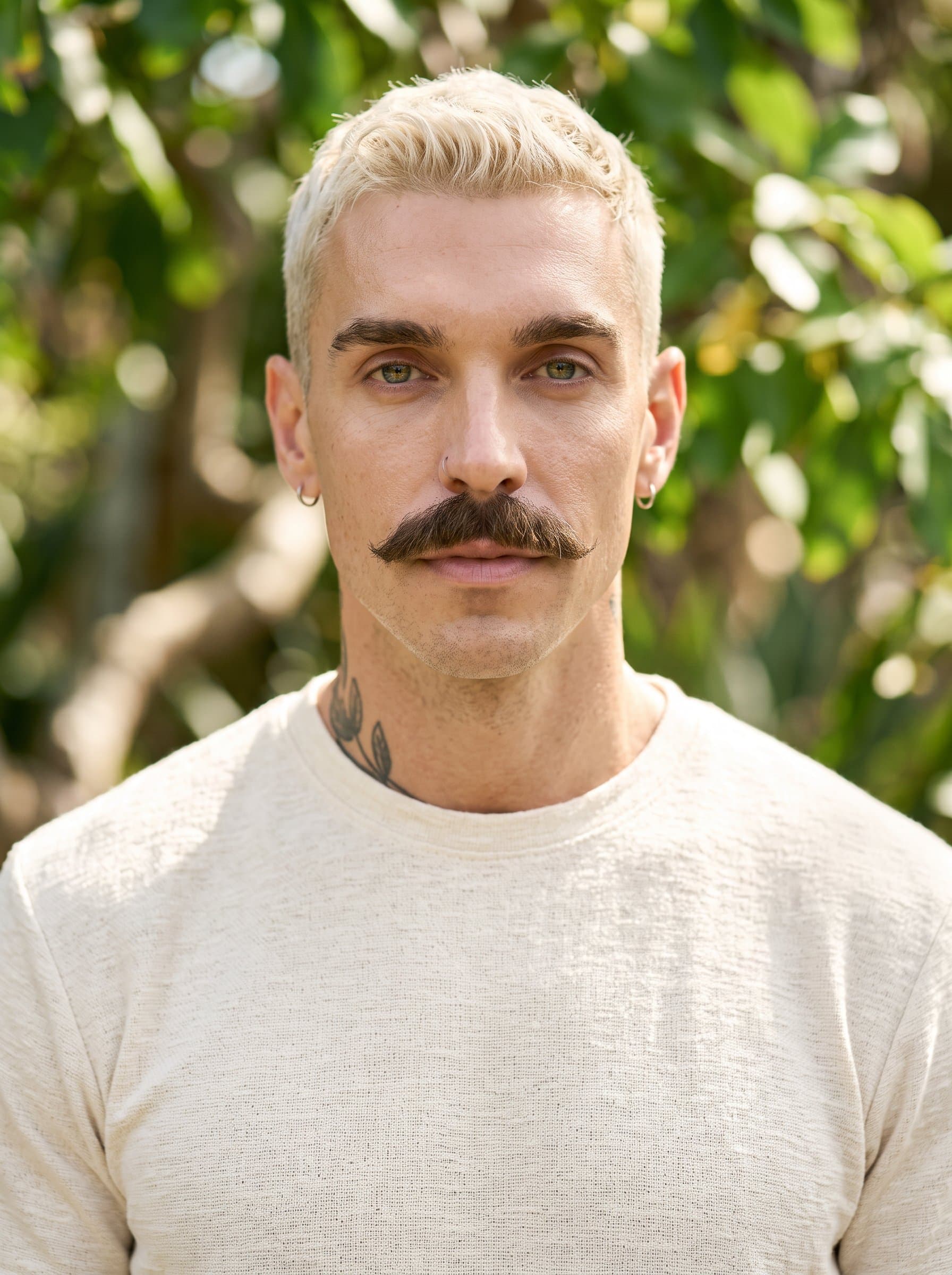 : Capture a headshot with a nature-inspired theme. The background subtly depicts greenery. The man's expression is serene, wearing eco-friendly fashion, embodying harmony and sustainability, perfect for a conscientious Twitter presence.