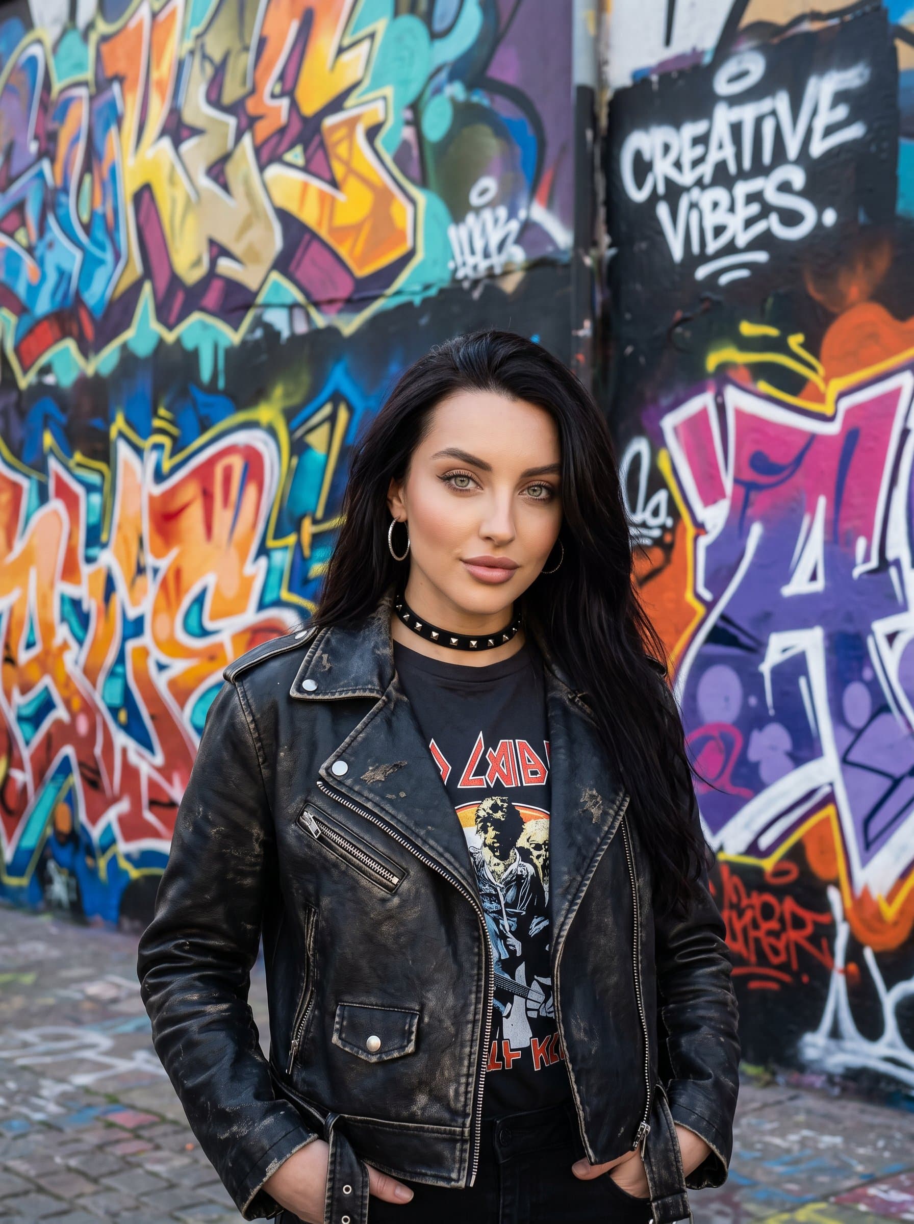 : Design a headshot with an urban graffiti background. The woman stands confidently, dressed in edgy, contemporary fashion, reflecting creativity and modernity, perfect for artistic and unconventional Twitter profiles.