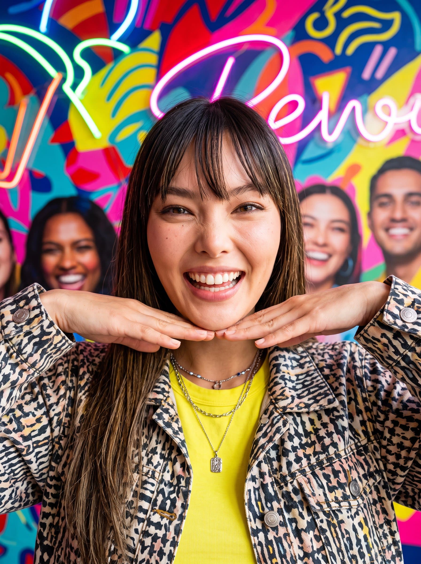 : Capture a social media influencer headshot with a bright, colorful background. The woman has a playful smile, wearing trendy, casual attire. The composition is lively and energetic, perfect for engaging an online audience.