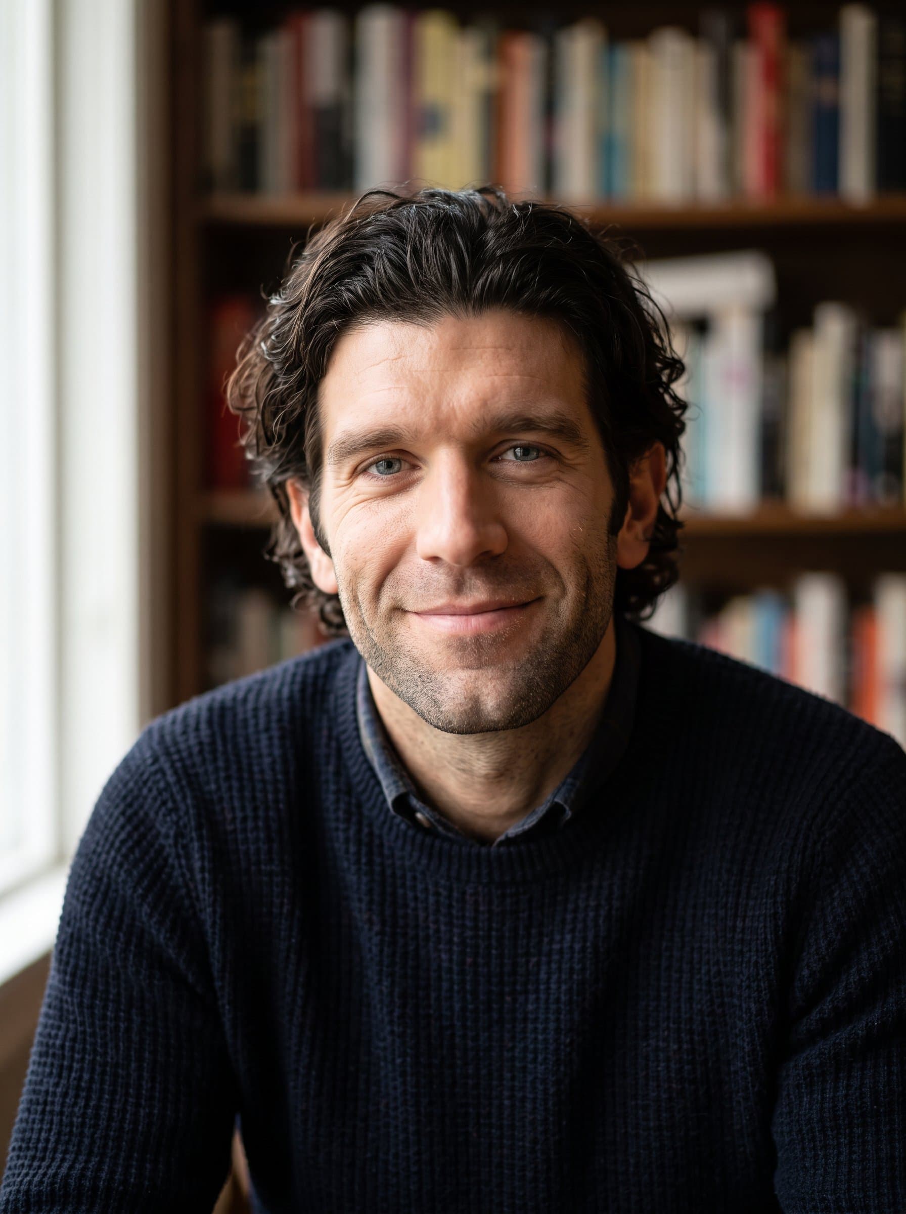 : Generate a headshot with a cozy, book-themed background. The man sits in front of an out-of-focus bookshelf, wearing casual yet polished attire, projecting warmth and intellect for a social media profile.
