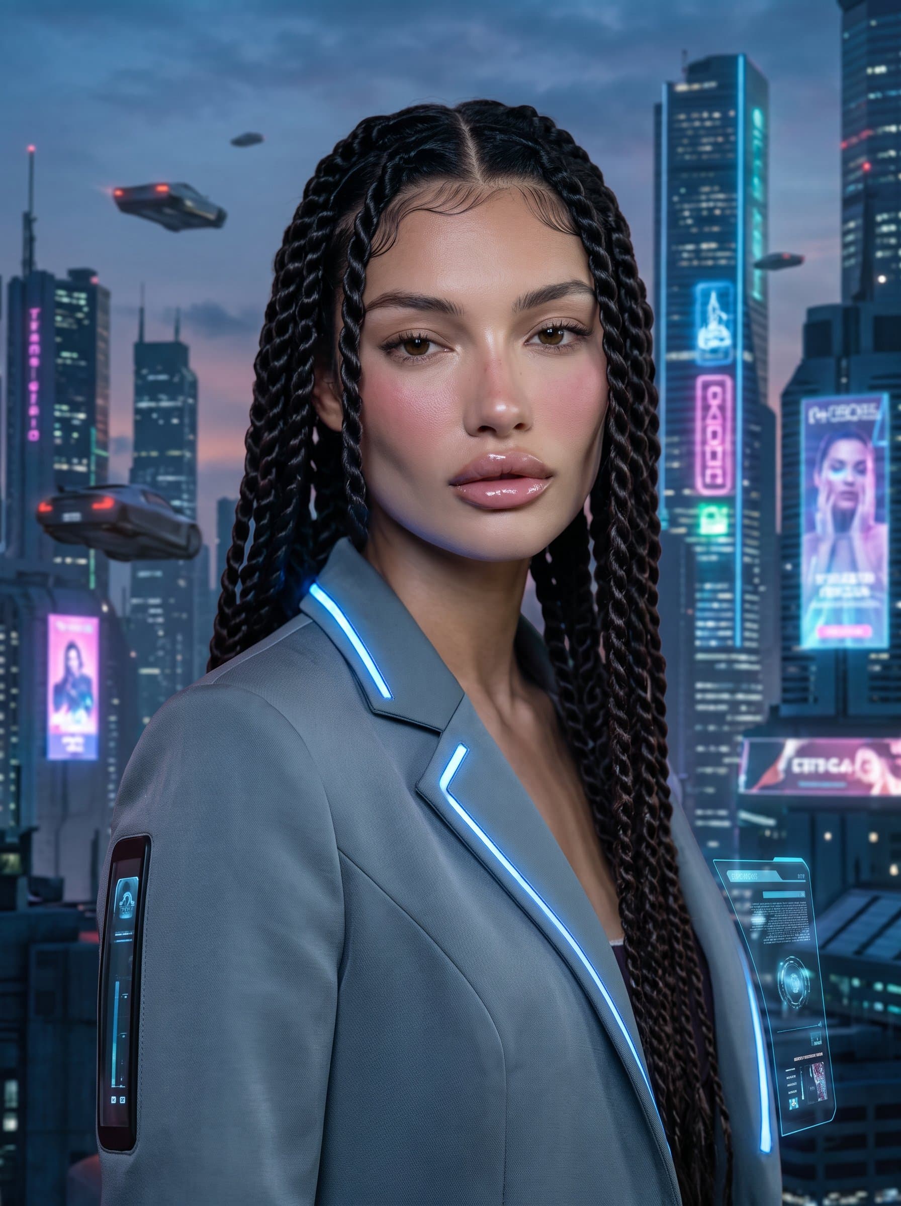 : Create a tech-focused headshot with a futuristic city skyline in the background. The woman wears a smart jacket, their gaze confident and visionary, capturing the spirit of innovation for a digital audience.