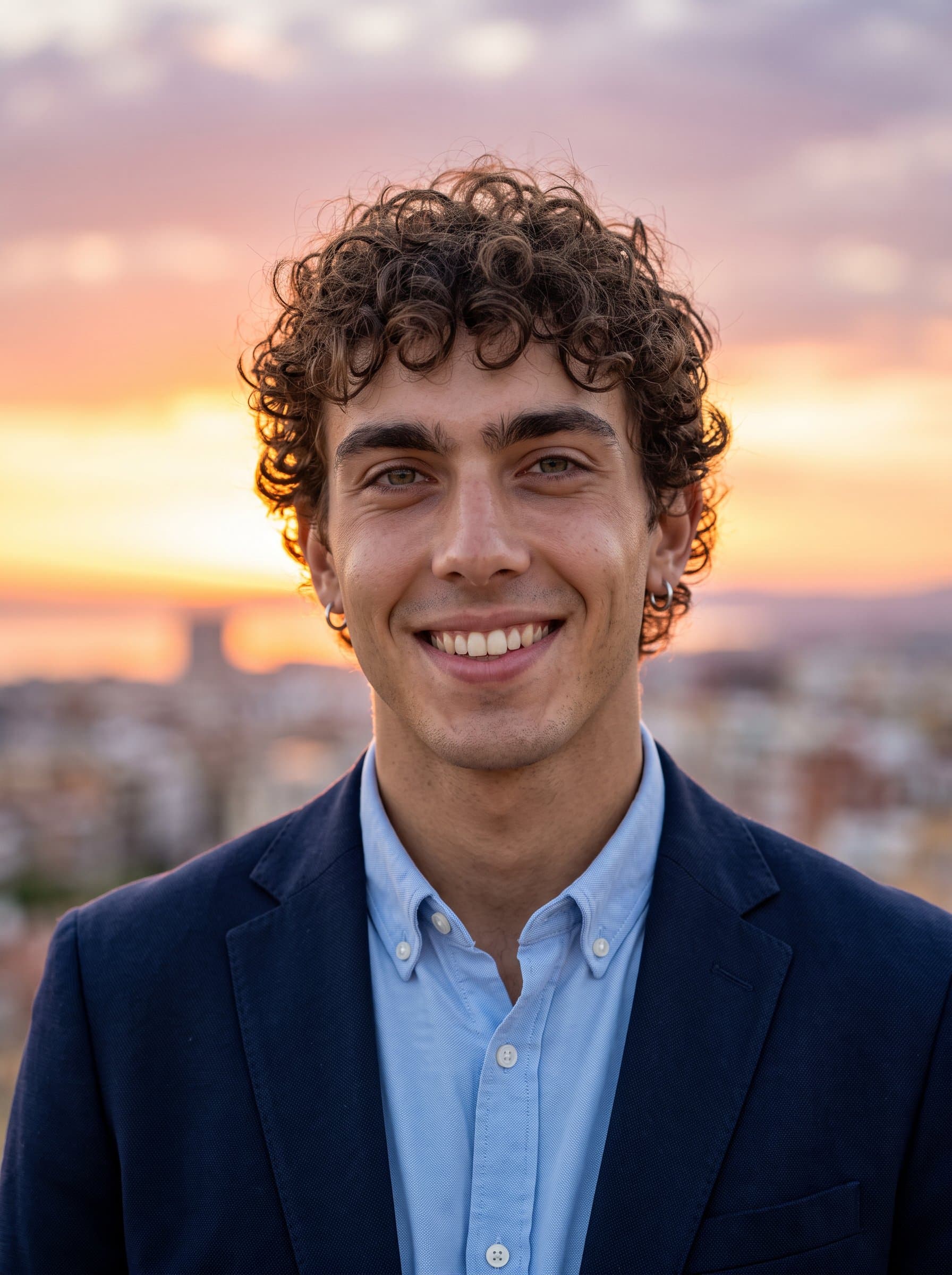 : Capture a headshot with a subtle sunrise or sunset backdrop. The man's expression is warm and inviting, dressed in a smart casual ensemble, reflecting optimism and a forward-looking perspective for social media.