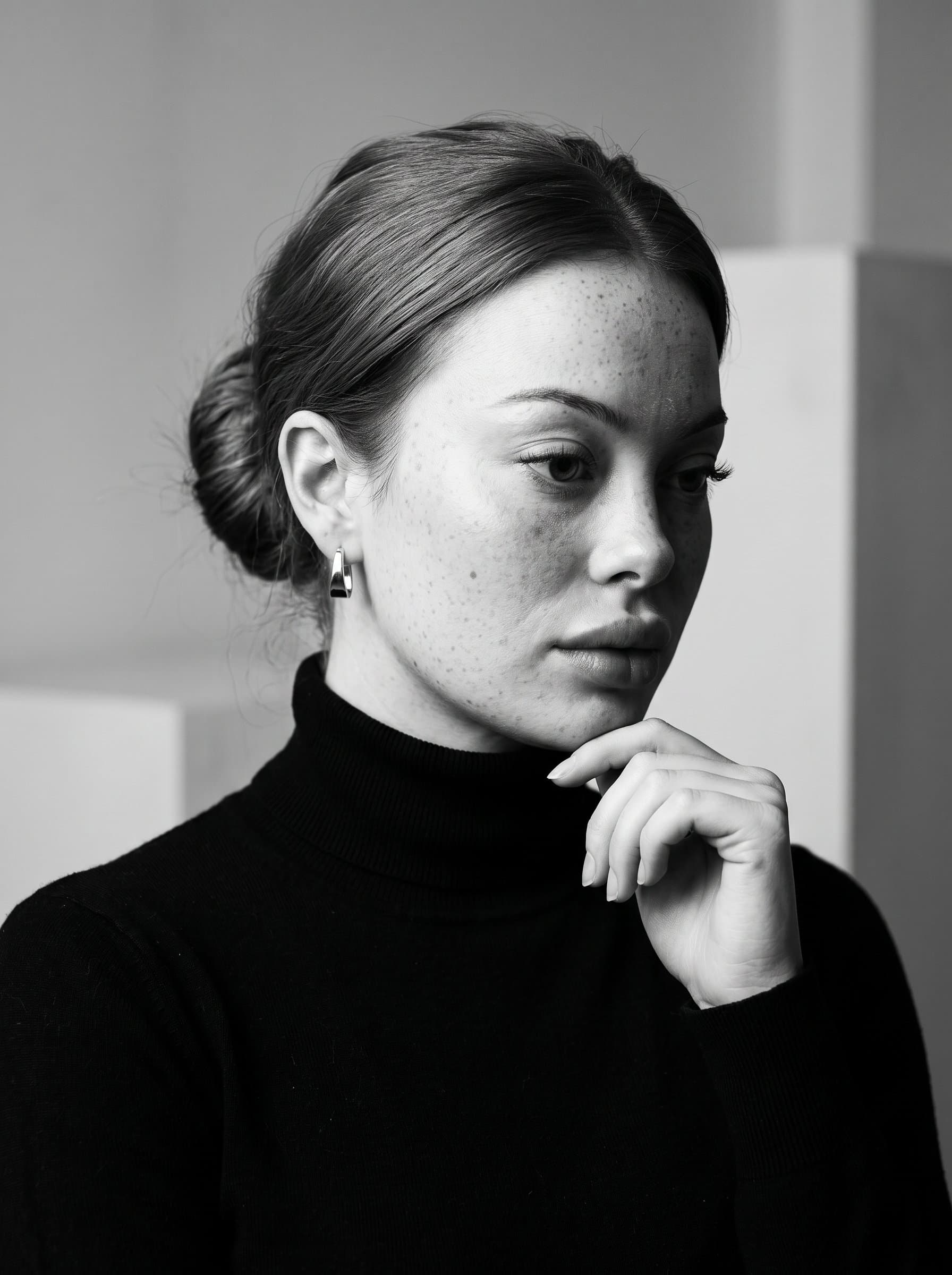 : Capture a headshot with a high-contrast black and white theme. The woman's expression is contemplative, wearing a modern, minimalist outfit, projecting depth and sophistication suitable for a thought leader's profile.