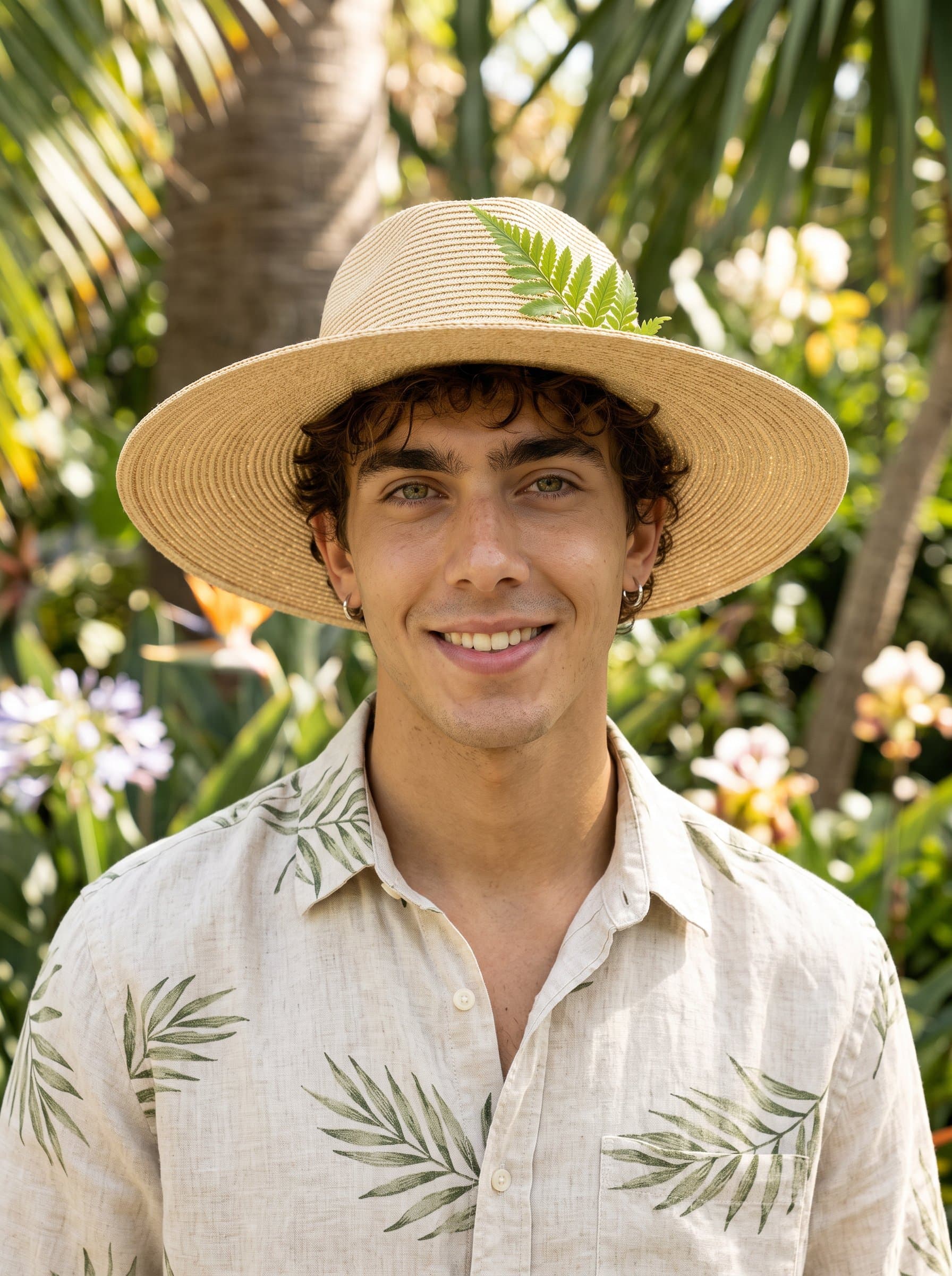 : Design a headshot with a botanical garden background. The man's attire is casual, with natural elements incorporated into the look, conveying freshness and vitality for an engaging Twitter presence.