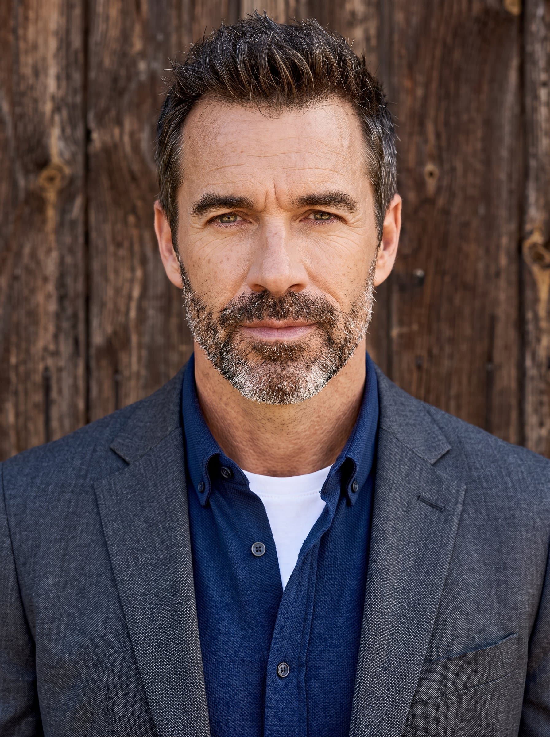 : Create a headshot with a textured wooden background, enhancing a rustic yet professional look. The man's attire is a blend of casual and business, suggesting reliability and approachability for a digital audience.