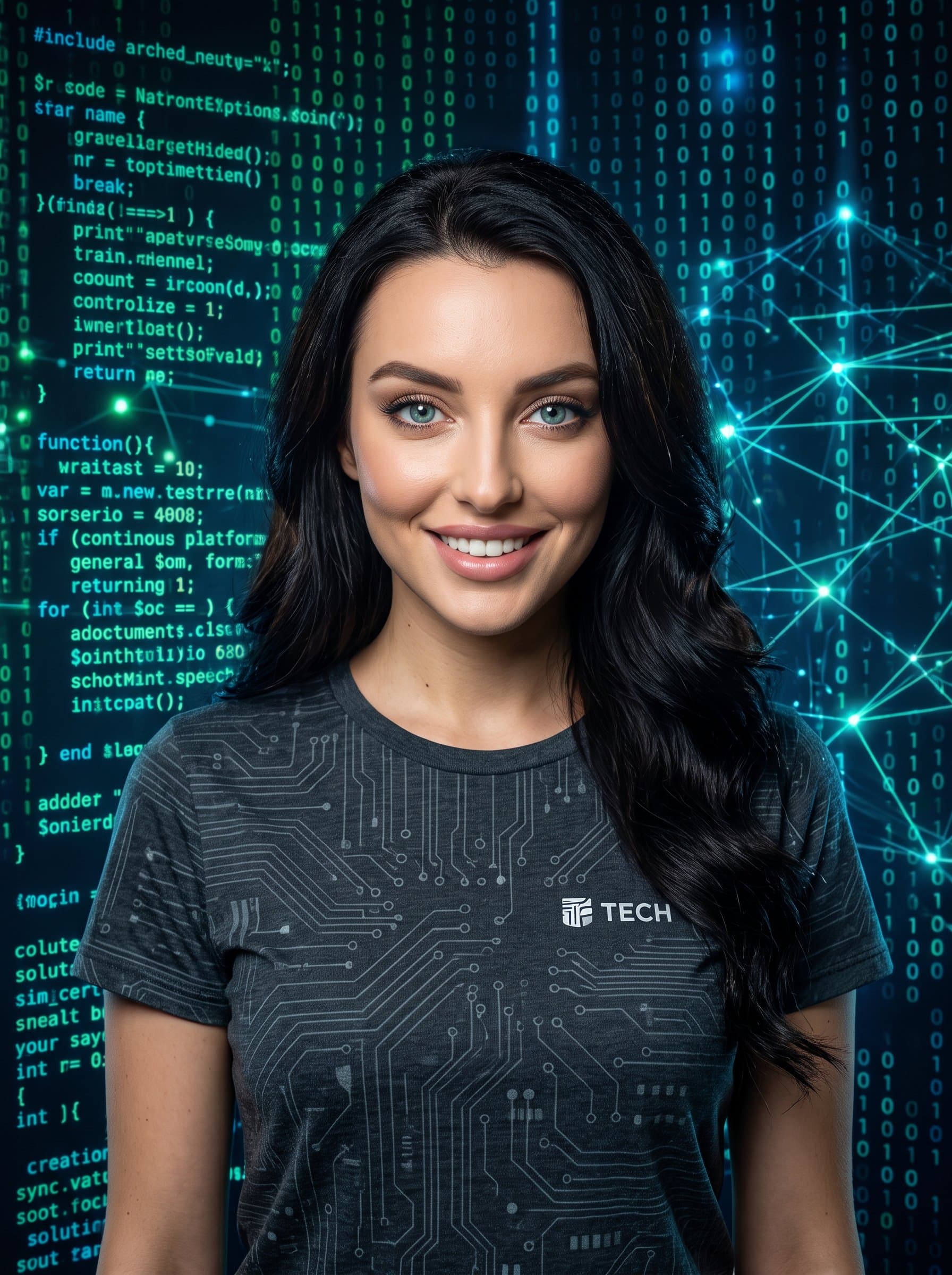 : Create a headshot with a tech-inspired digital matrix backdrop. The woman wears a casual tech tee, eyes focused and bright, embodying digital fluency and expertise, ideal for tech-centered social media.